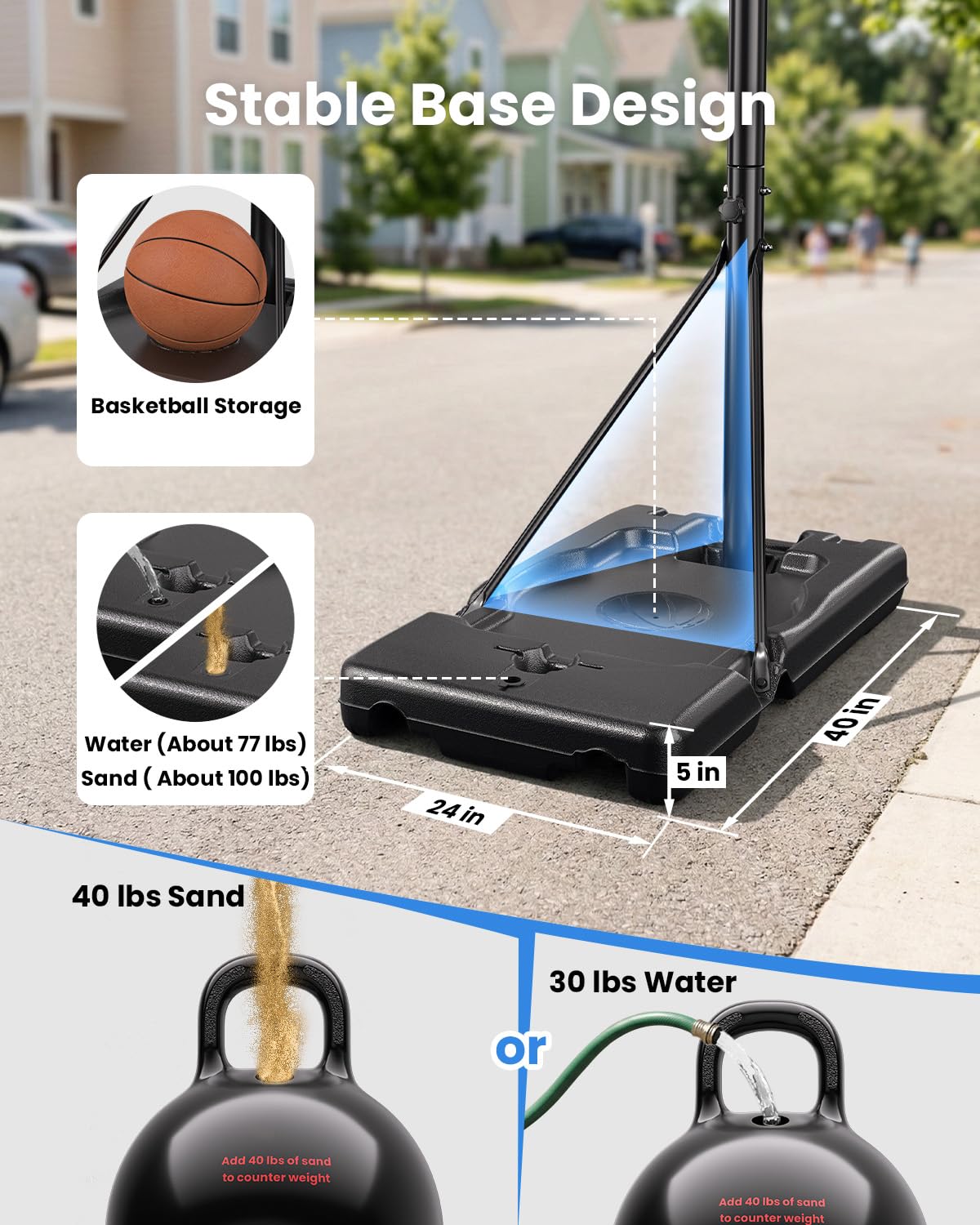 IGL Portable Basketball Hoop Outdoor, 3-10ft Adjustable Height, 40" Shatterproof Backboard, Fillable Base, Basketball Goal System for Driveway Backyard Pool, Fun for Family & All Ages