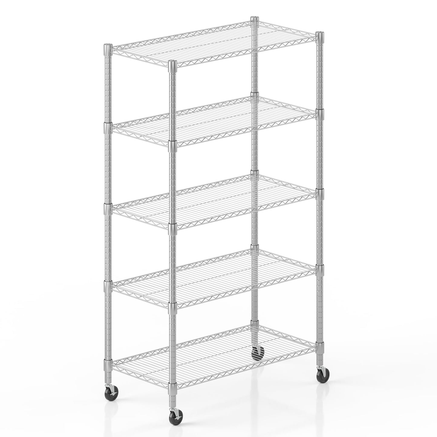Homdox Heavy Duty Storage Shelves, 5 Tier Wire Shelving Unit with Wheels, Commercial Adjustable Metal Shelves for Storage, Garage Rack Pantry Shelves Kitchen Shelving, 18"x36"x82", Chrome