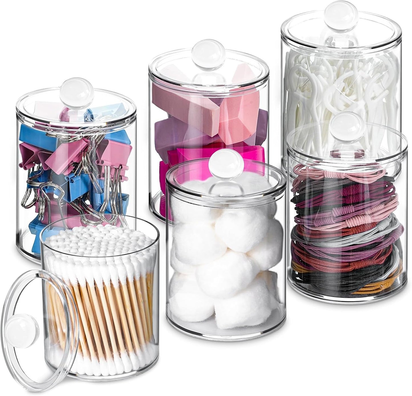 XIPENGKEJI Qtip Holder Set - 6 Pack Apothecary Jars with Lids for Bathroom Organization | Clear 10oz-12oz