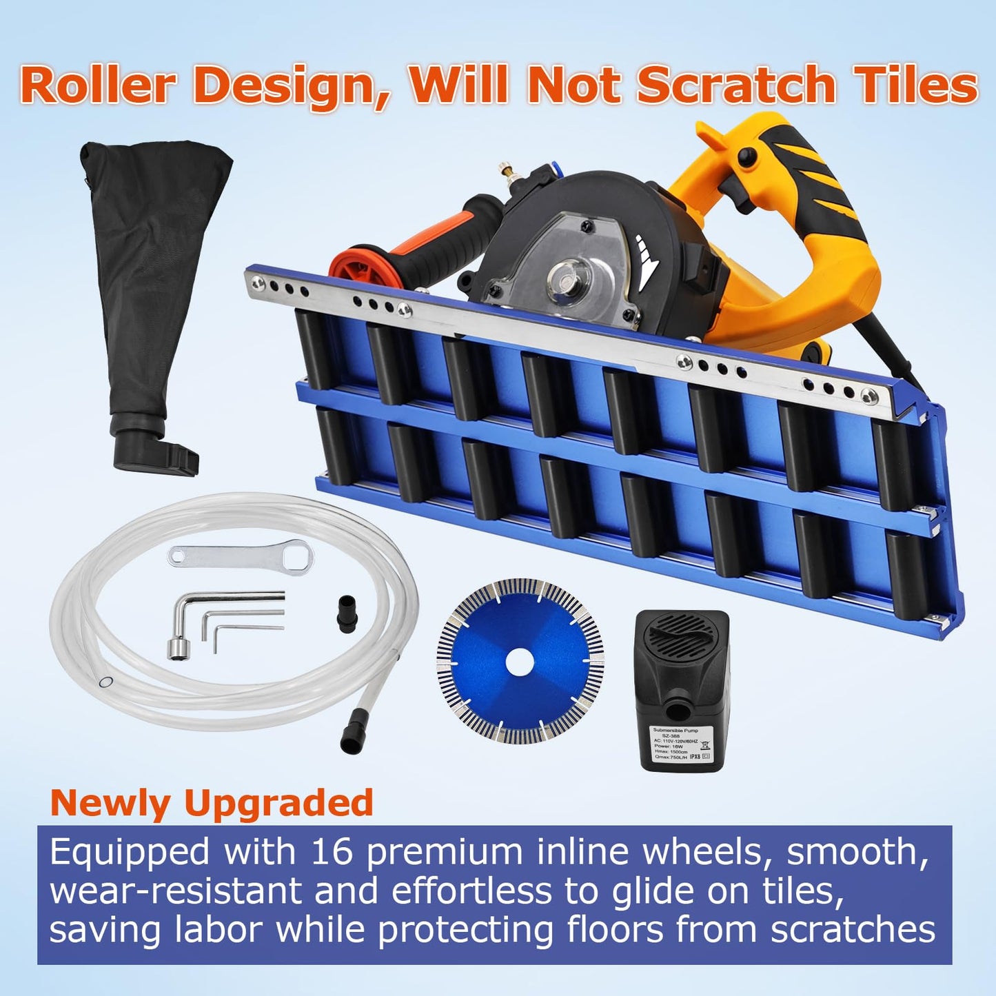1800W 18000RPM Tile Charmfer Cutter, 43° Angle Tile Edge Beveling Tool with 16-Roller Base, Chamfer Machine with Water Cooling, Tile Edge Cutter, Tile Chamfering Machine Ceramic Tile Chamferer