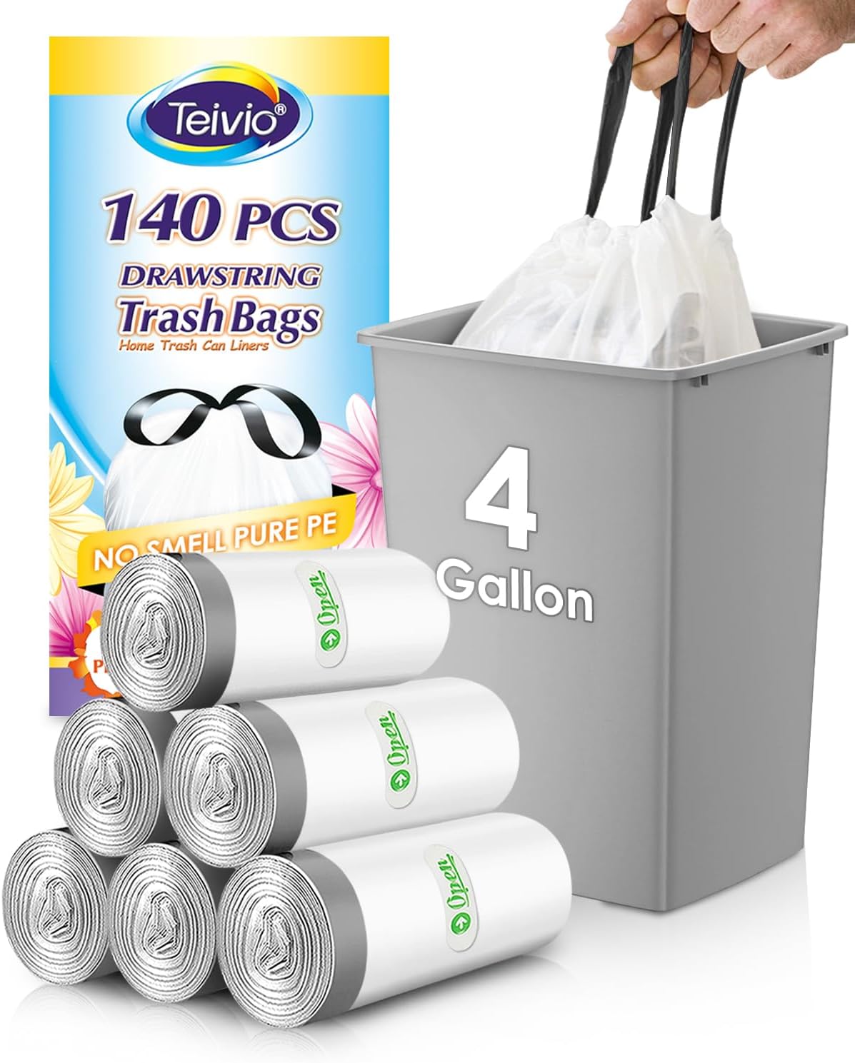 Teivio 4 Gallon Drawstring Trash Bags - 140 Count Strong Bathroom & Kitchen Bin Liners | White