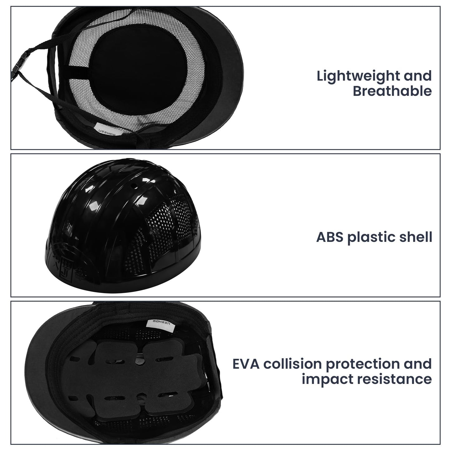 Unisex Safety Bump Cap - Lightweight and Breathable Baseball Style Protective Hat with Reflective Stripes Black Long Brim,5Pcs