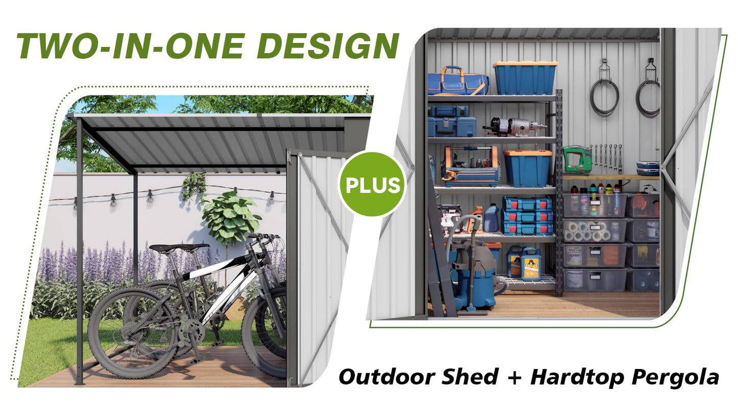 Praxatek 2-in-1 Metal Outdoor Storage Shed with Hardtop Pergola, 4x12 Ft, Gray, Sloped Roof, for Backyard, Patio, Garden