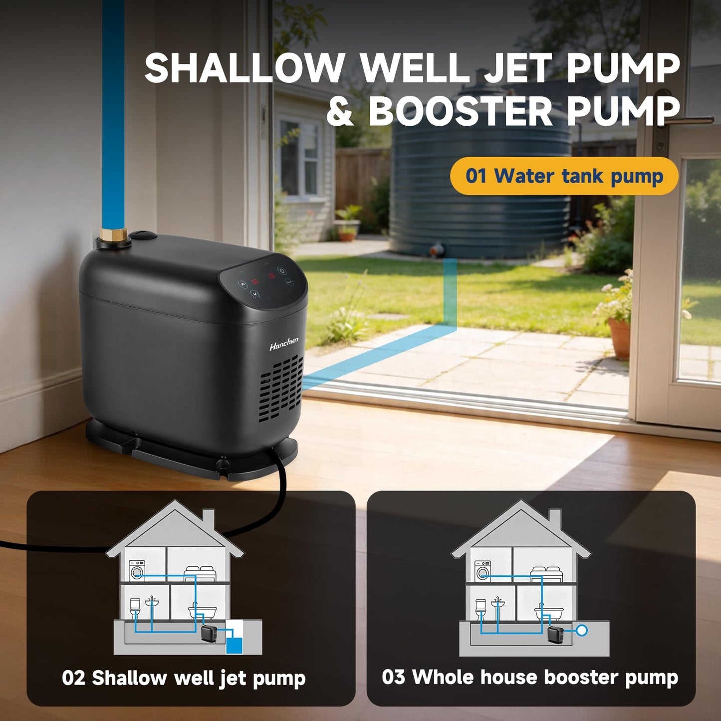 Hanchen Whole House Water Pressure Booster Pump, Adjustable Pressure, Variable Speed, Self-Priming, Built-in Check Valve for Home, Shallow Well, Shower, Garden