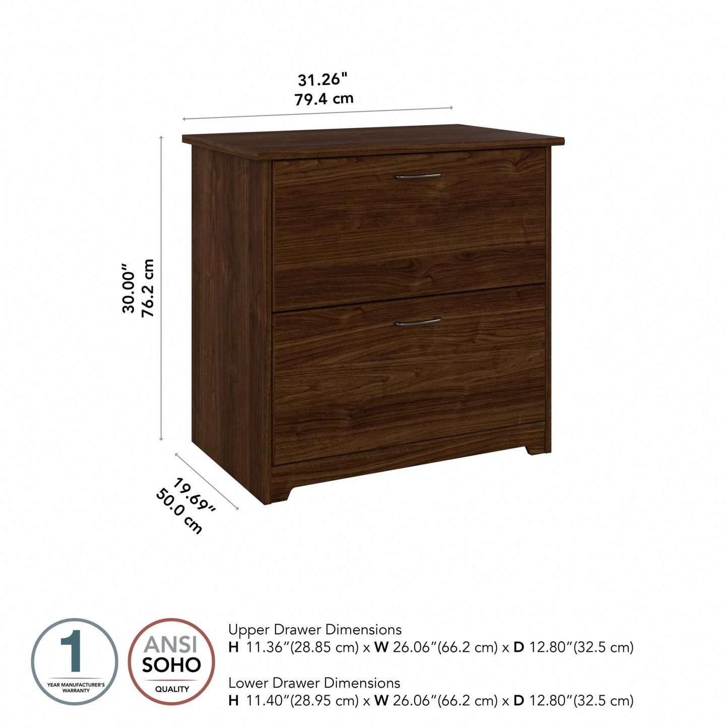 Bush Home Cabot 2 Drawer Lateral File Cabinet in Espresso Oak, Home Office Chest for Letter, Legal, and A4-size Document Storage