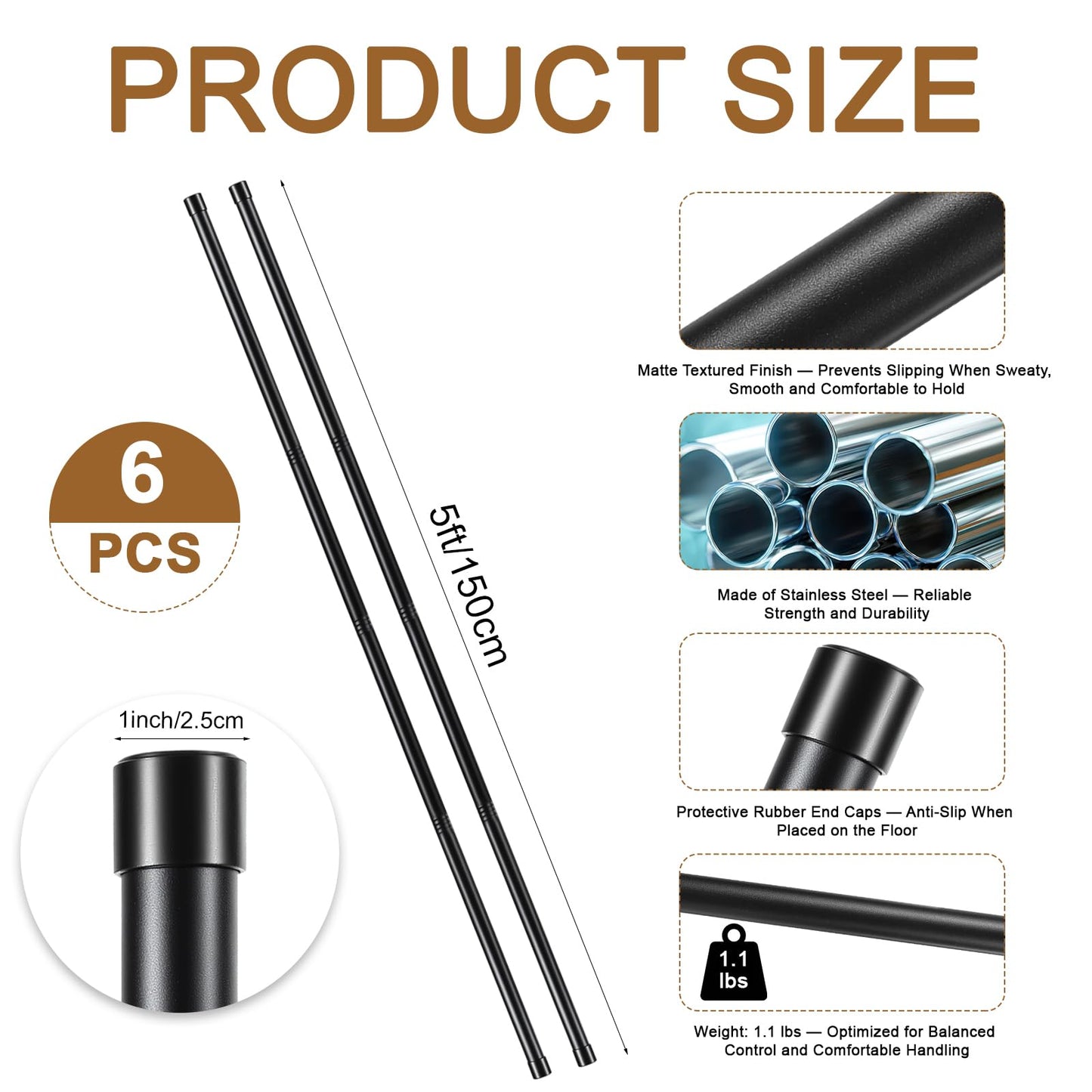 6 Set 5ft Yoga Stick Adjustable Stretching Sticks, Black Exercise Stick with Non-slip Rubber Ends, Posture Corrector Stretch Tool for Mobility Training, Workout, Balance Fitness (Per Set 5ft, Black)