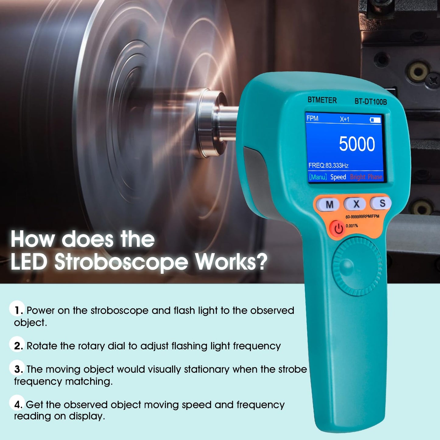 BTMETER Stroboscope Strobe Light Tachometer Non Contact Measure 60-999999 RPM/FPM Velocity Hz with 0.001% Accuracy, Handheld Speedometer Gun DT100B for Car Engine Gear Motor Troubleshoot