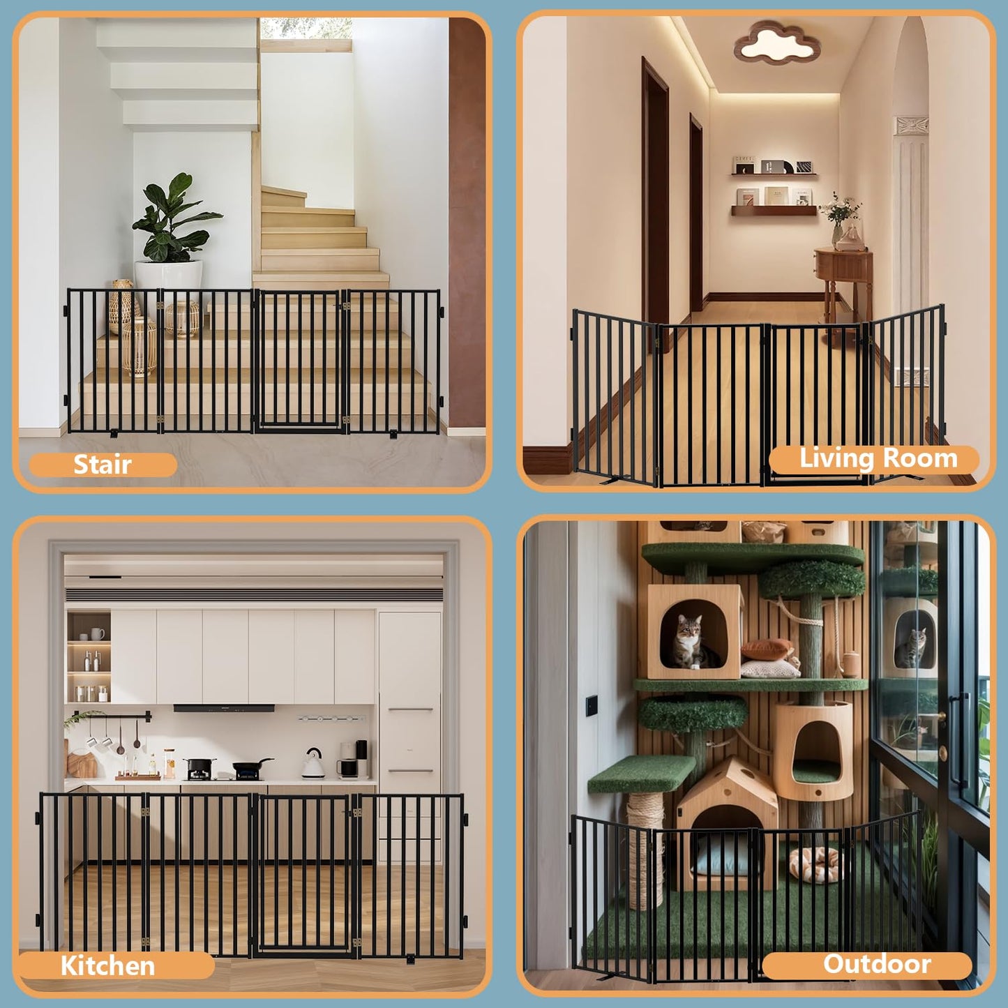 Lezbanz Full Metal Freestanding Dog Gates with Door, 32" Height Dog Fences for Indoor & Outdoor, Extra Wide Foldable Pet Gates for Stairs, Hallways, Doorways, Yard (4 Panels, 80" W × 32" H)