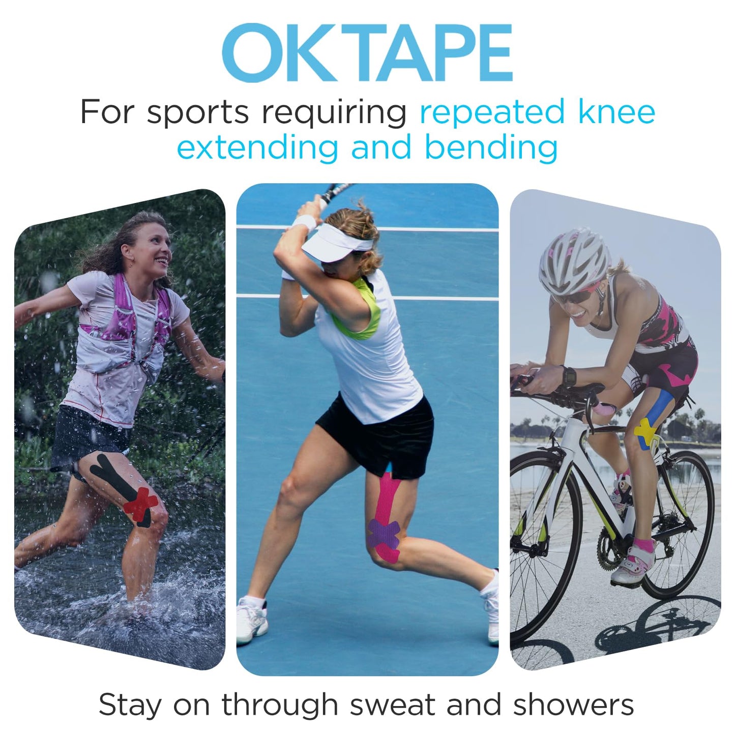 OK TAPE Precut Kinesiology Tape for Knee, Thigh, IT Band Pain Relief, 20 Strips, Provide Support & Stability, Elastic Athletic Tape, Waterproof Knee Tape for Running (Black & Red)
