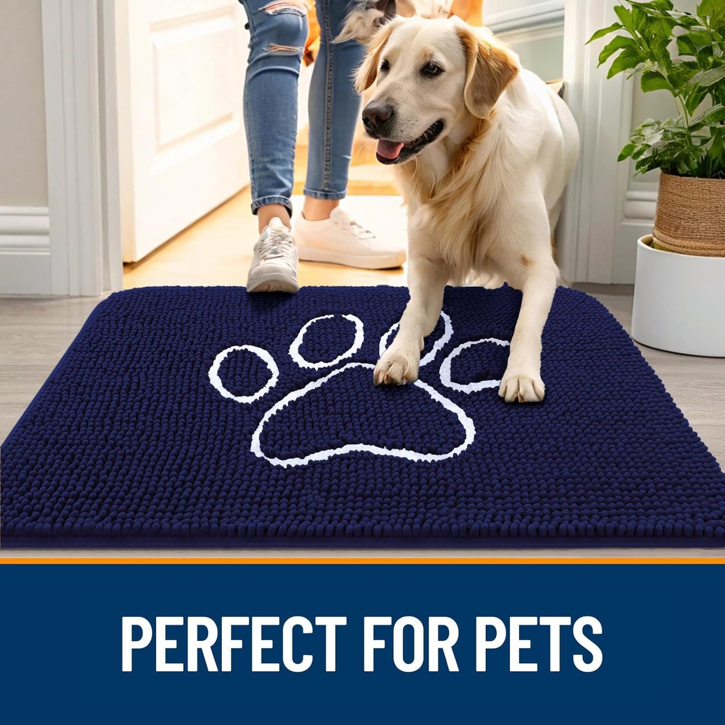 OLANLY Dog Door Mat - Absorbent Non-Slip Mud Mat for Muddy Paws | 40x32 Paw Print Design in Navy Blue