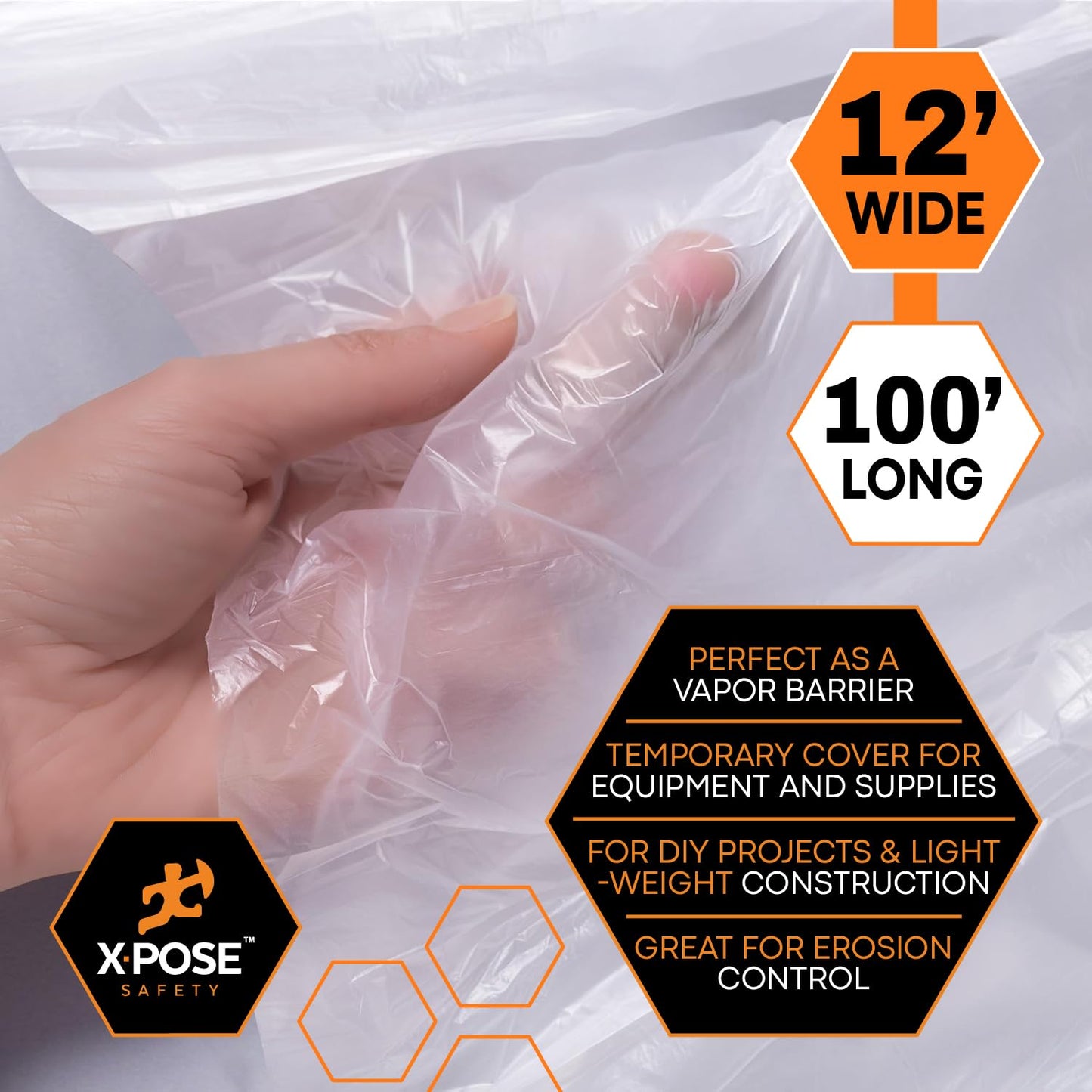 Xpose Safety Clear Plastic Sheeting – 12' x 100' Rolls – Heavy Duty 6 Mil Fire Retardant Poly Sheet – Waterproof, Dustproof, Vapor Barrier – for Construction, Painting, Industrial Use