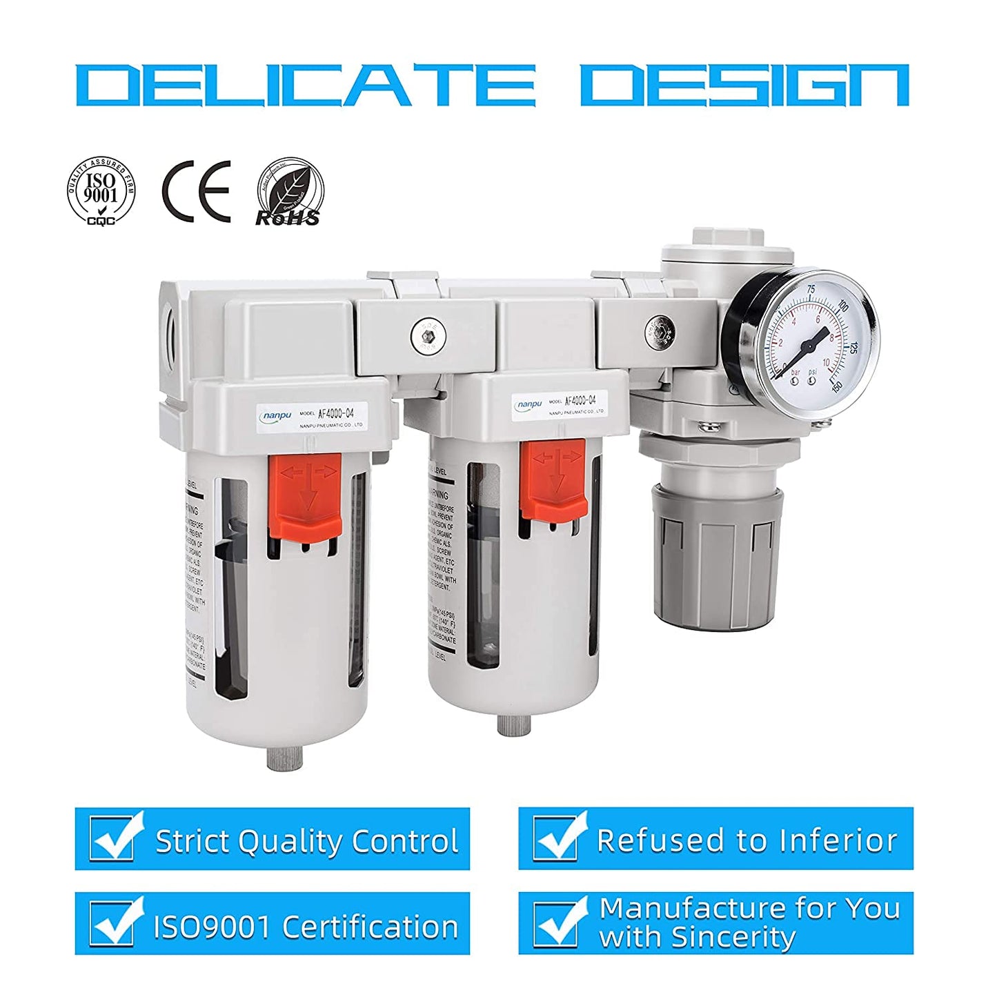 NANPU 3/4" NPT Air Drying System - Double Air Filters, Air Pressure Regulator Combo - Semi-Auto Drain, Poly Bowl