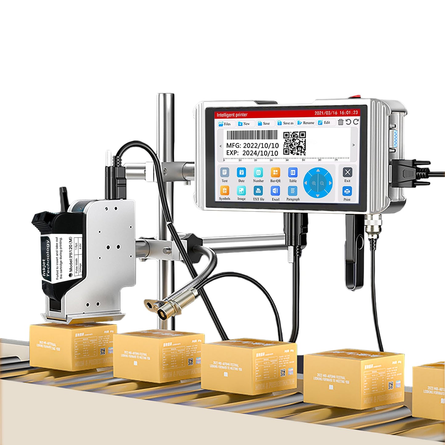Phezer 1inch/25.4mm Automatic Online Inkjet Coding Machine for Production Line, 23 Languages, Intelligent Variable Data/Date/Logo/Barcode/Image Thermal Inkjet Printer, (1 Nozzle, 70M/min, PW1-1)