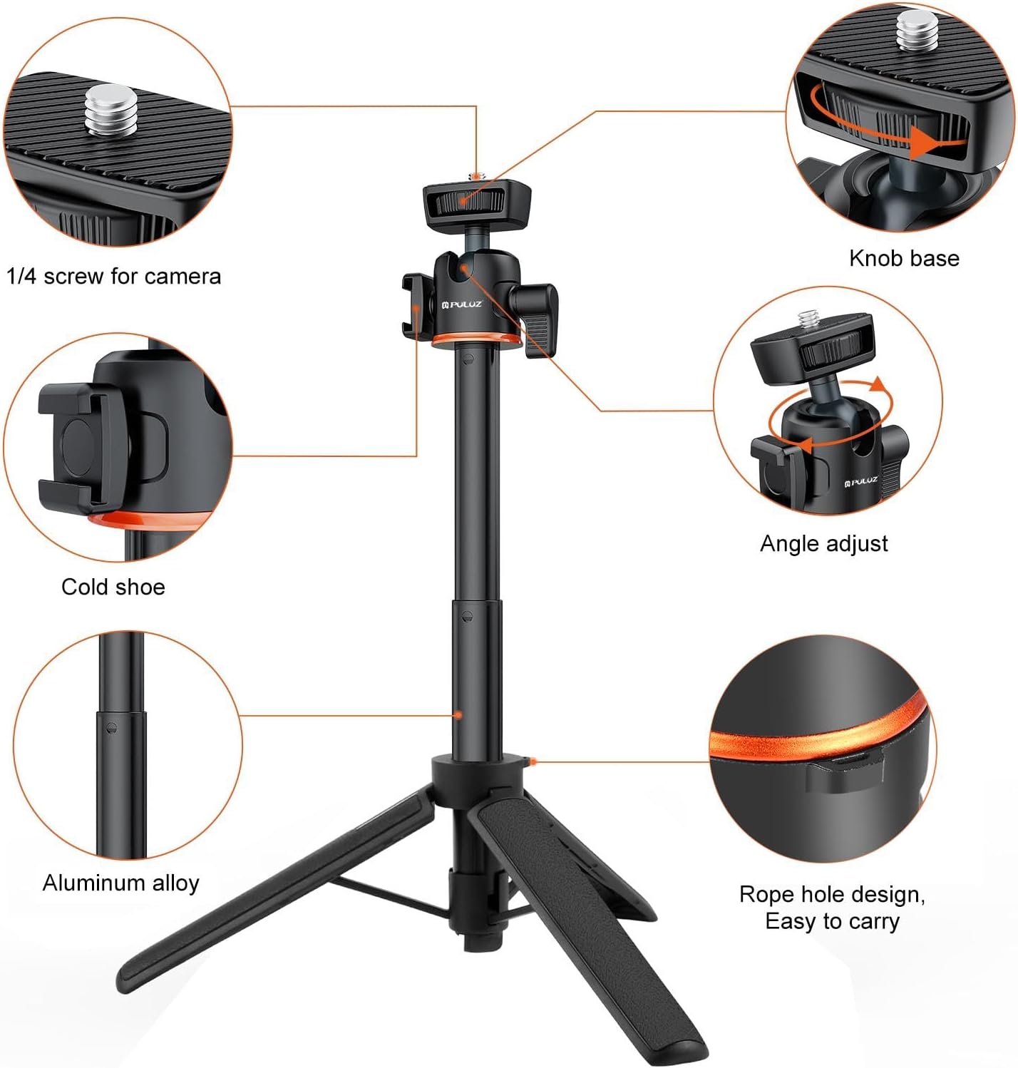 360 1/4 Inch 13 12 11/DJI 5 4 3/Insta360 PULUZ Camera Tripod Stand, Mini Desktop Aluminum Selfie Stick with Cold Shoe