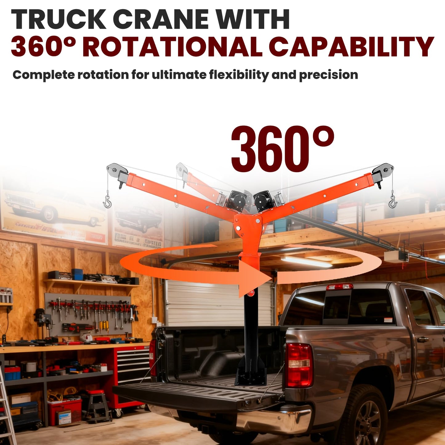 DEFNES 7000LBS Truck Bed Crane, 5000LBS 12V Electric Winch, Painted Alloy Steel Pickup Truck Jib Crane 360° Swivel Lift Electric Hoist, 3 Adjustable Loads & Heights, Truck Crane for Truck (5000LBS)
