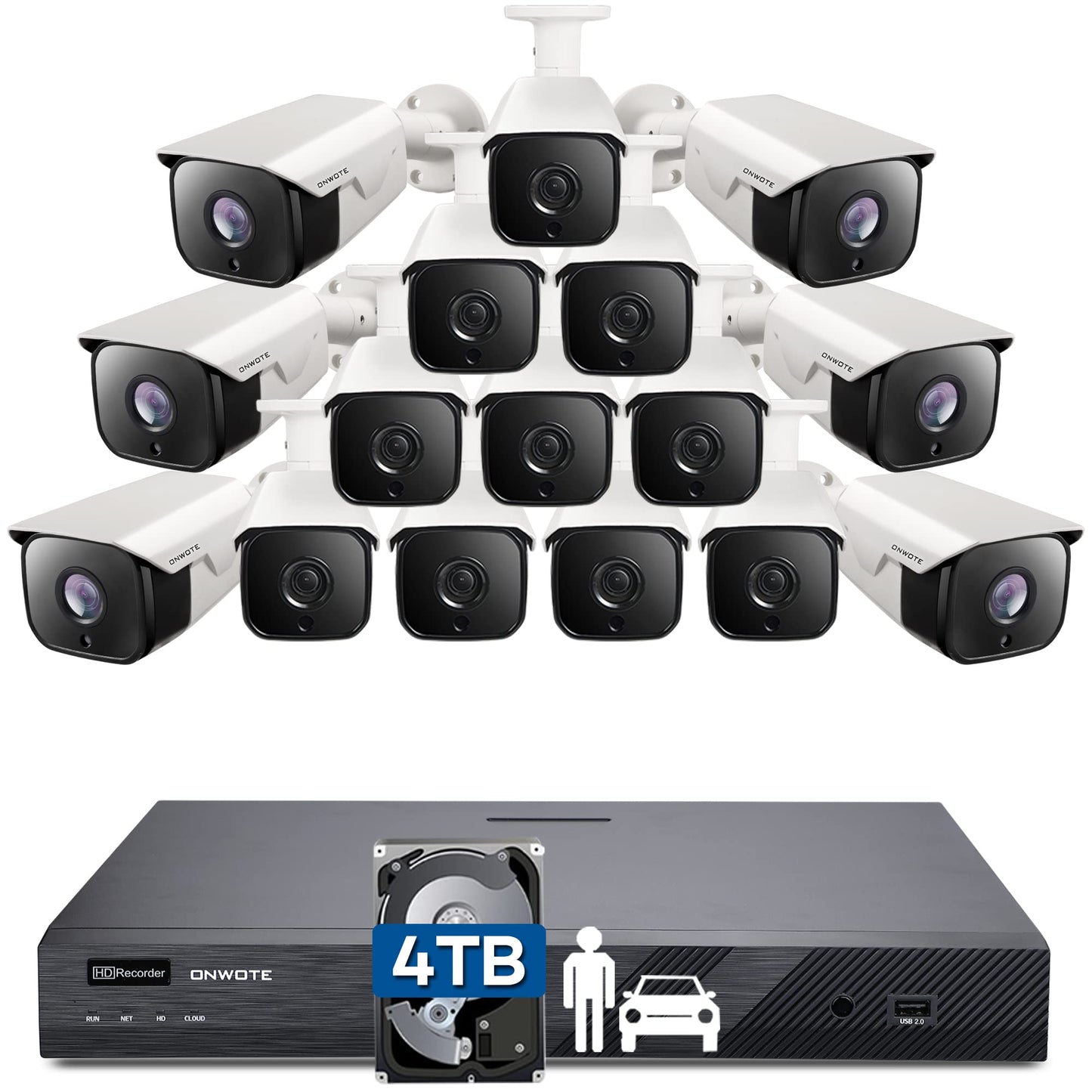 ONWOTE 16 Channel 4K PoE Security Camera System, 16CH 12MP Commercial NVR 4TB, 16x 8MP 134° Outdoor IP Cameras with Audio, AI Detect Human Vehicle, 16x Cables (Total 1280ft), Wired CCTV for Businesses