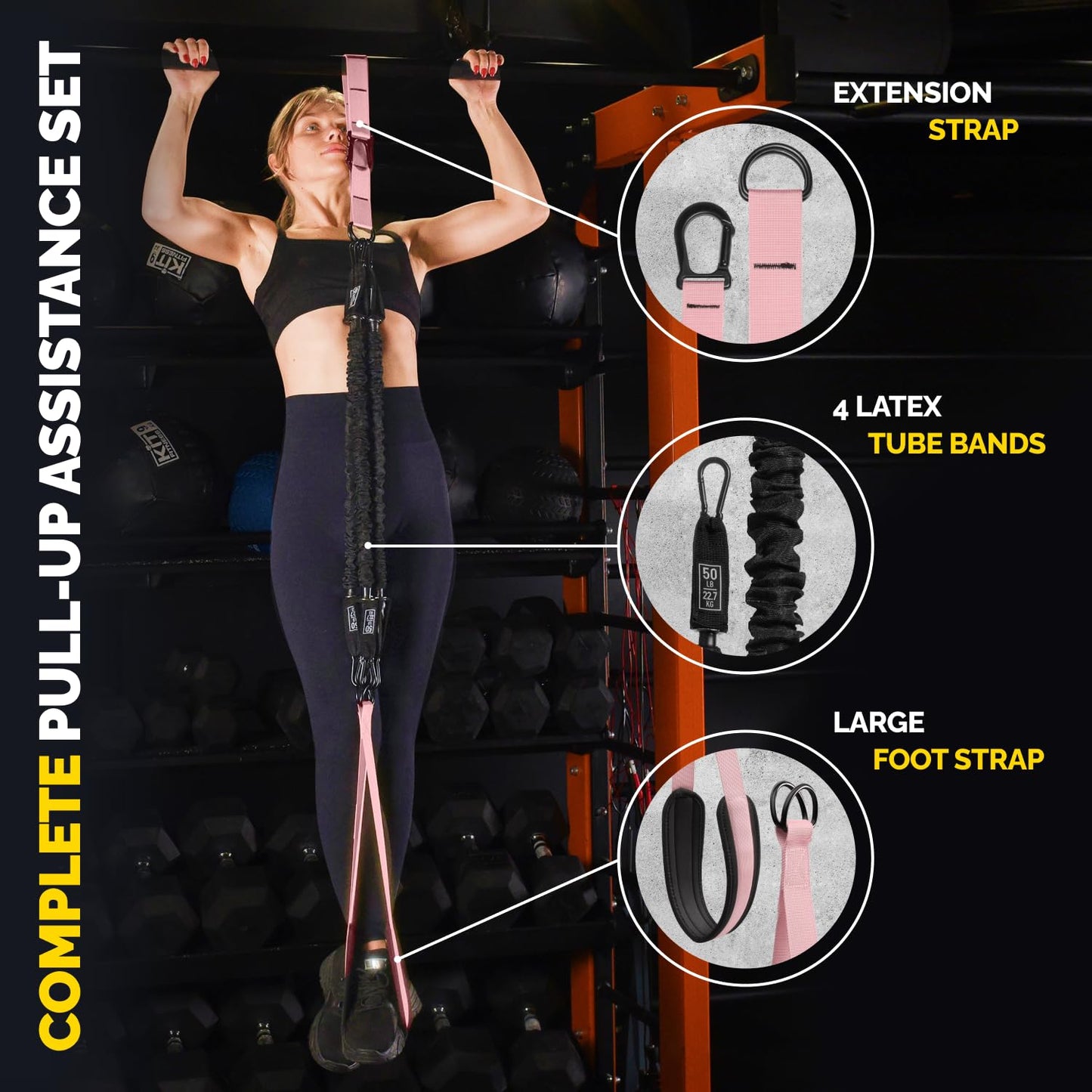 Pull Up Assistance Bands Set - 4 Heavy-Duty Pull Up Bands, Height Adjustable Strap & Comfortable Foot Strap - Stackable Pull Up Resistance Bands for Pull Ups (Pink)