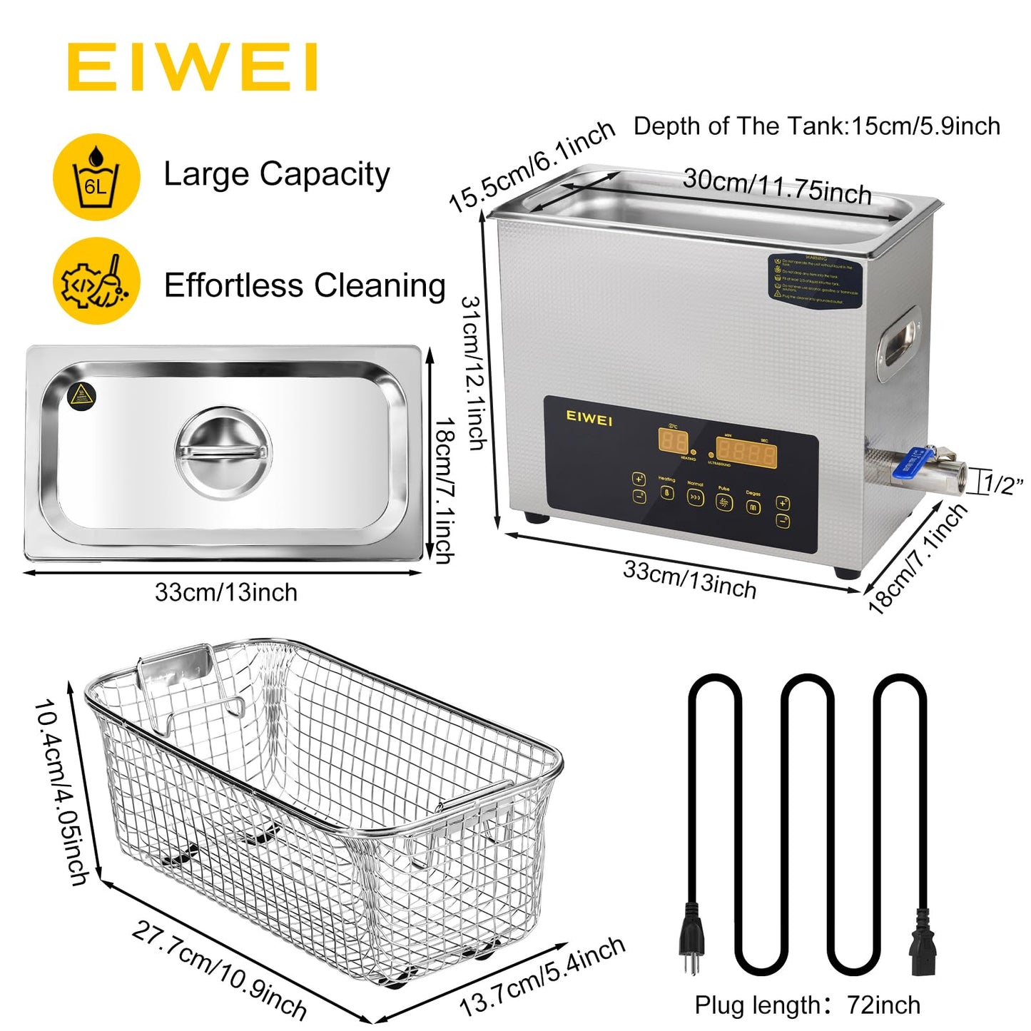 EIWEI 6L Ultrasonic Cleaner Dual-Frequency Professional Digital Stainless Steel Cleaning Machine with Heater Timer for Carburetor, Parts, Circuit Board, Glasses, Denture，Jewelry