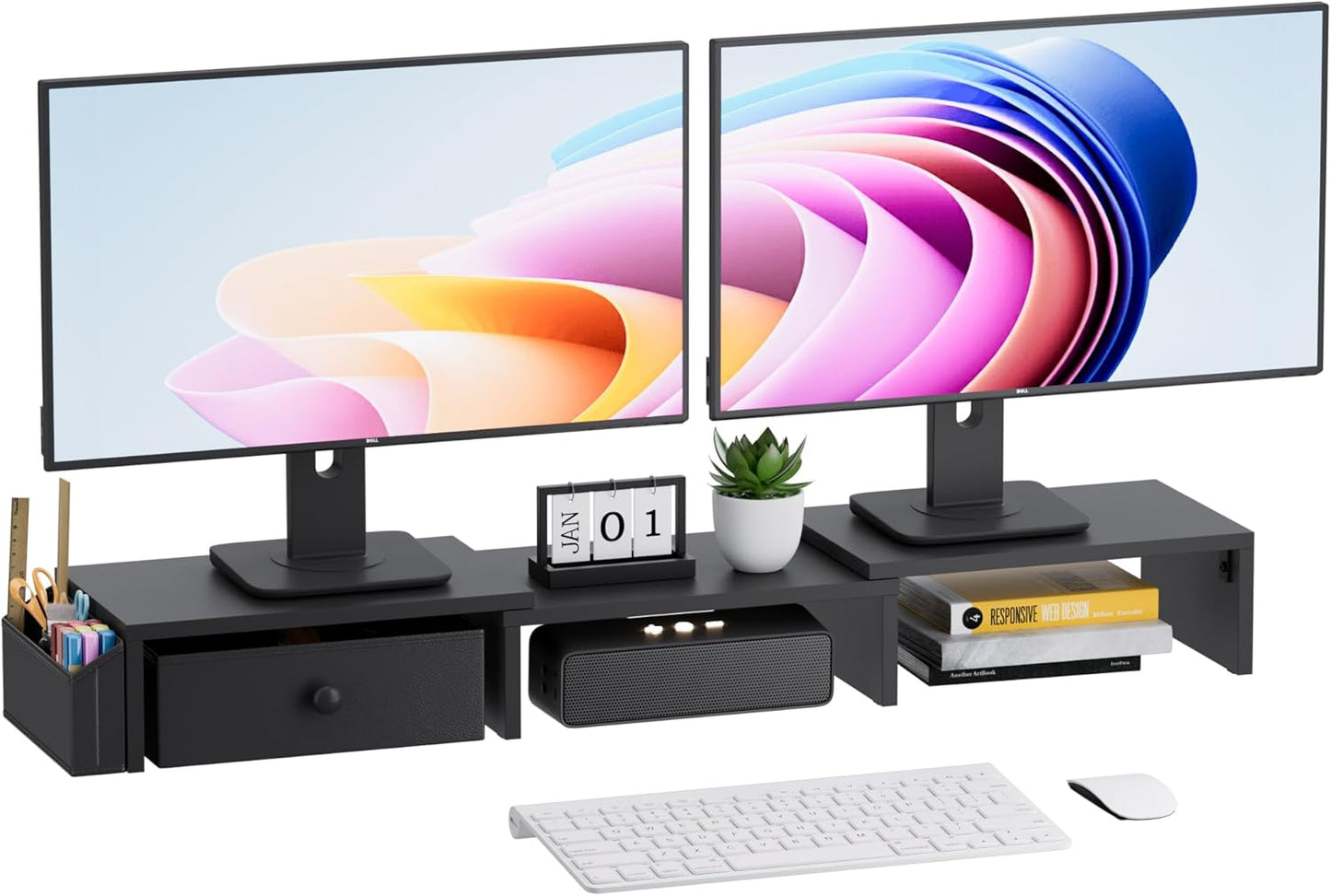 VERSASKY Dual Monitor Stand Riser, Adjustable Length & Swivel Angle Monitor Stand, Ergonomic Monitor Stand with Drawer