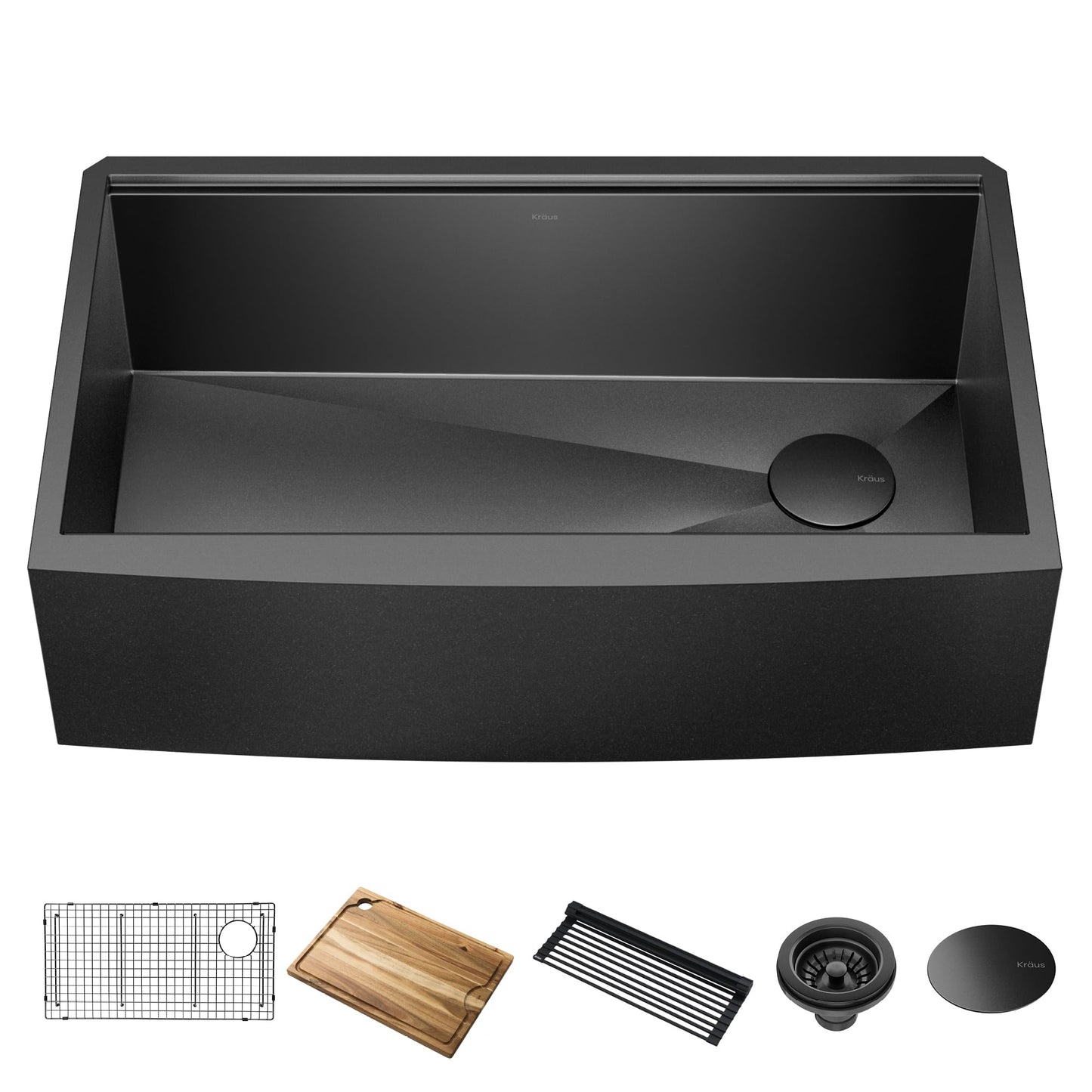 KRAUS Kore Workstation 33-inch Farmhouse Apron Front 16 Gauge Black Stainless Steel Single Bowl Kitchen Sink in PVD Gunmetal Finish with Accessories, KWF210-33/PGM