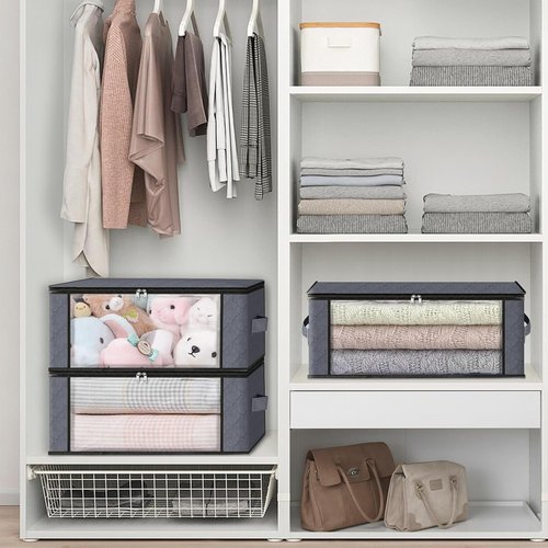 HomeHacks Clothes Organizer Storage Bags - Foldable 35L with Clear Window & Sturdy Handles | Gray