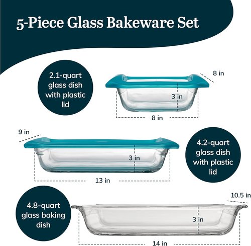 Libbey Baker’s Premium Glass Baking Dish Set - 5 Piece Stackable Casserole Dishes with Lids for Lasagna & Brownies