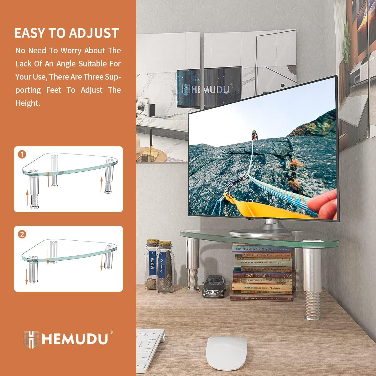 HD01T-003 Hemudu Clear Glass Computer Monitor Riser / Triangle Desktop Universal Corner Stand for Computer Monitor