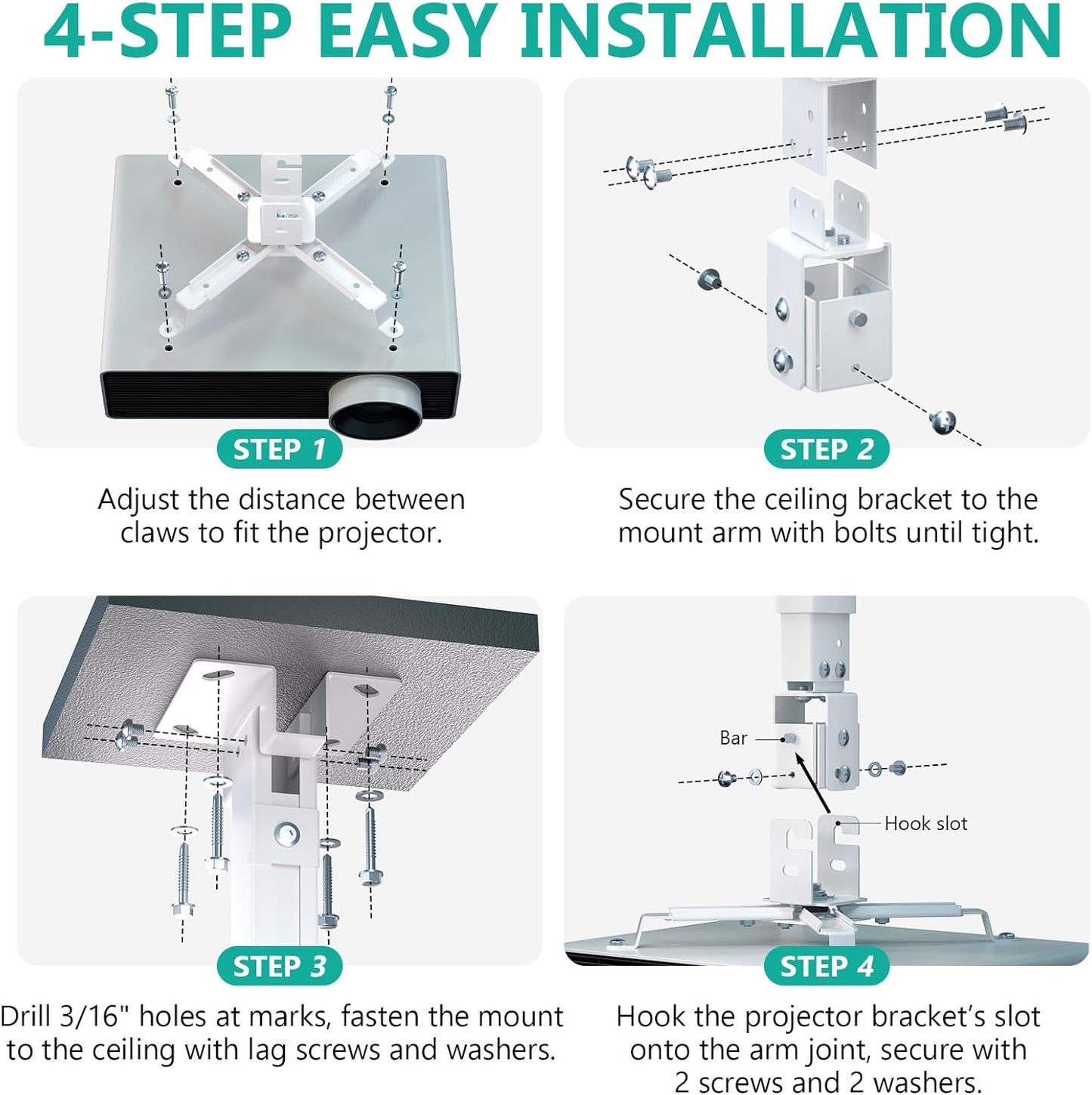 3-in-1 44lbs (PM-003-W), WALI Projector Mount Ceiling/Wall - Universal Bracket with Extension Pole, Height Adjustable