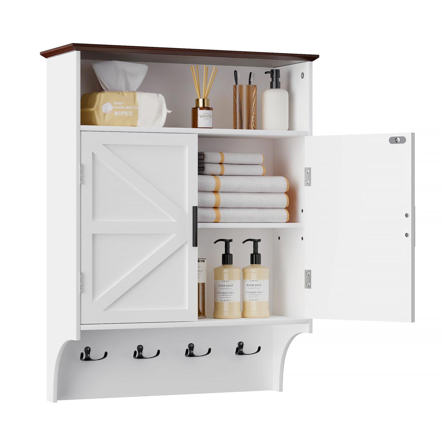 VECELO Farmhouse Bathroom Wall Cabinet, Medicine Cabinet with 4 Hooks, Wall Mounted Storage Cabinet with Open Partition and Adjustable Shelves for Bathroom, Kitchen, Laundry Room, White
