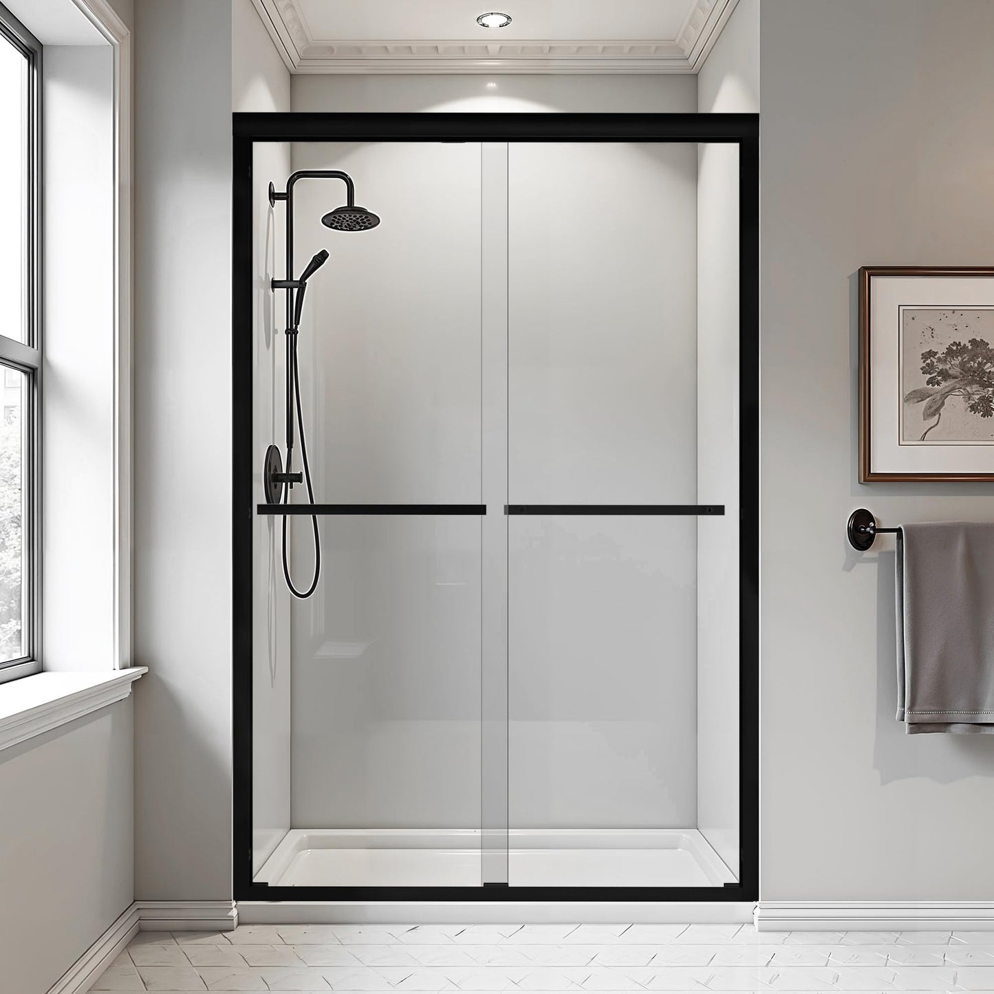 BoBliss 44-48" W x 72" H Double Sliding Shower Door, Semi-Frameless Shower Door with 1/4''(6mm) Clear Tempered Glass, Aluminum Alloy Frame and 304 Stainless Steel Door Handle, Matte Black