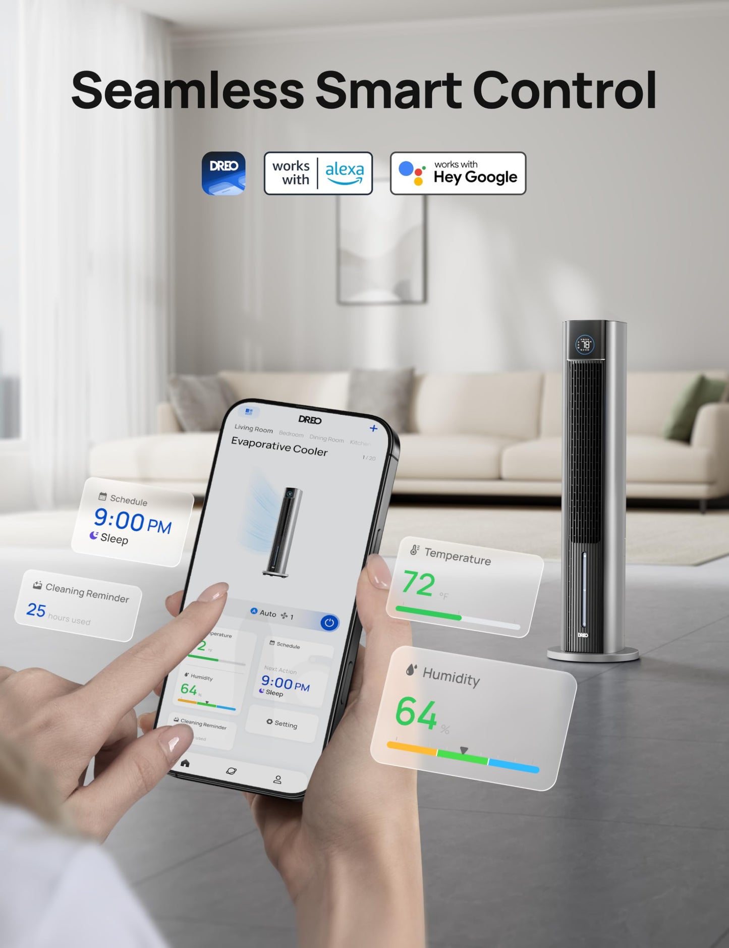 DREO Tower Fan for Bedroom, 43" Cooling Fans That Blow Cold Air 2026 Upgraded, Evaporative Air Cooler, Quiet 80° Oscillating Floor Fan, Easy Cleaning, APP Control, 4 Modes 4 Speeds, 12H Timer, Silver