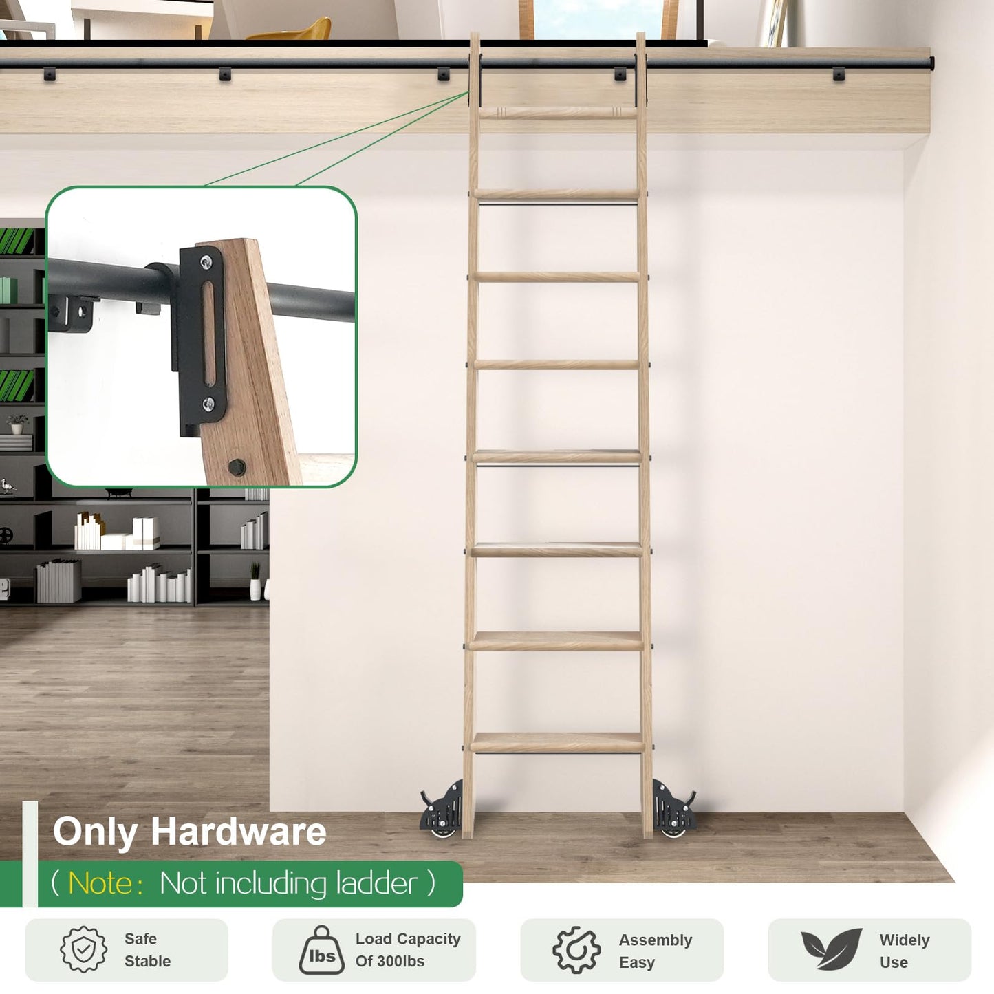 HARDJULAN 20FT Telescopic Hook on Sliding Library Ladder Hardware,Includes Bottom Wheel with Brake,MAX Load 300lbs