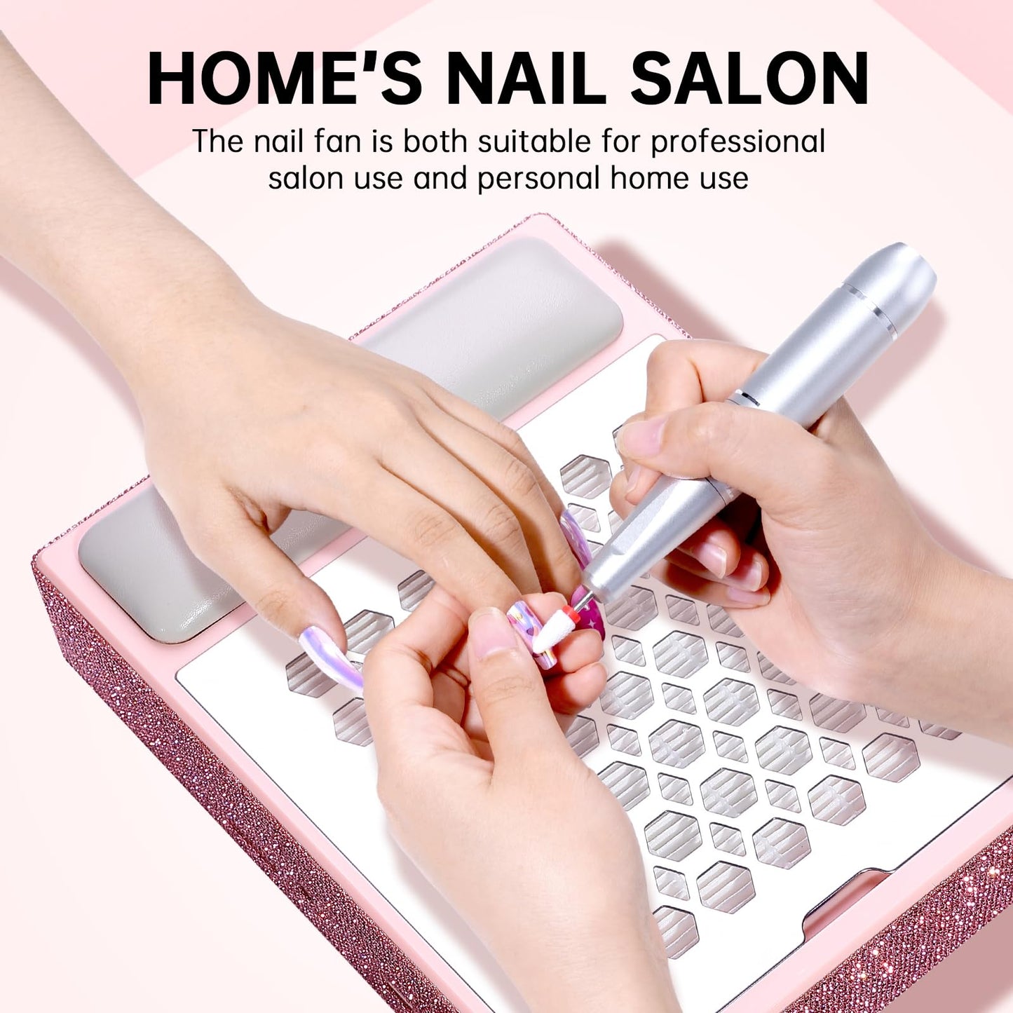 CHRISTINE SHELLY UV LED 96W Nail Lamp Gel Polish Light with 4 Timer Setting Plug-in Quick Dry Curing Lamp Pink & Nail Dust Collector Reusable Filters Powerful Vacuum Fan with Hand Pillow Pink