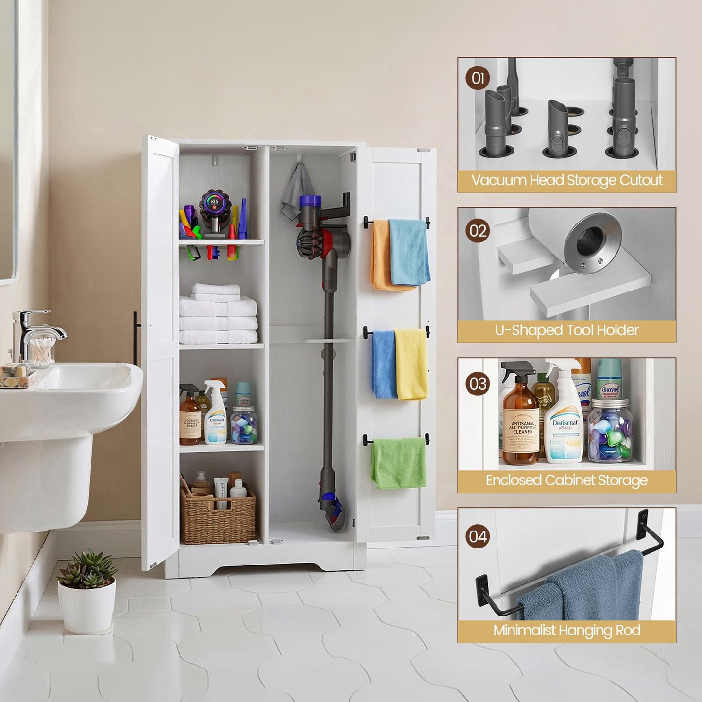 NORTHSKY Wooden Storage Cabinet, Broom Closet & Vacuum Cleaner Storage Compatible with Dyson Vacuum, Utility Cabinet for Brooms and Mops, Cleaning Tool Cabinet w/Doors for Garage, Office, Home (White)