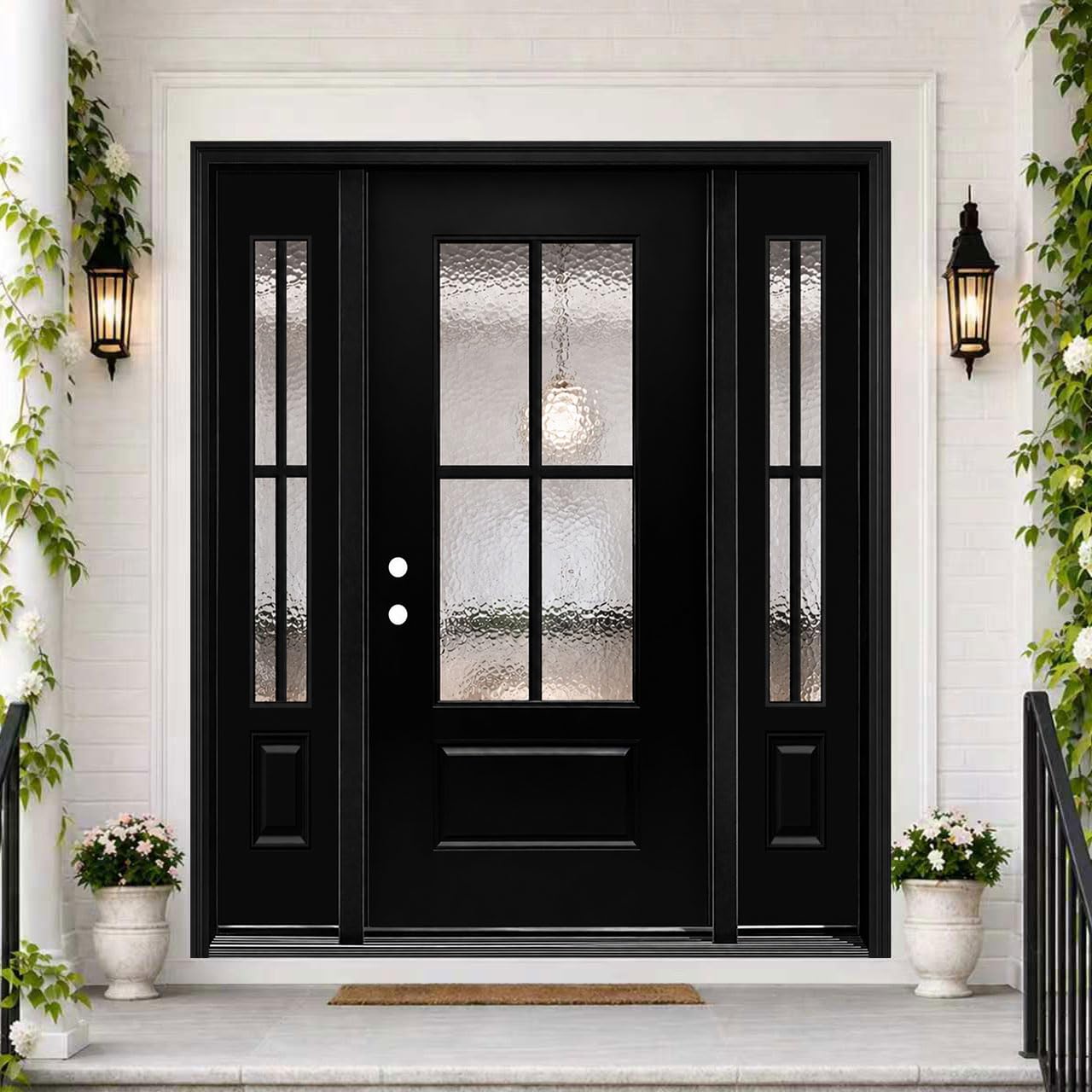 Front Entry Door with 14 in. Sidelite, 68 x 80 Smooth Black Fiberglass Door, 4-Lite Hammered Glass Transitional Design, Right-Hand Inswing