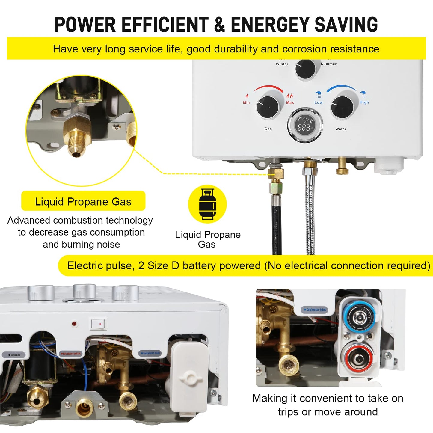 Tankless Water Heater Propane 4.74GPM 18L Outdoor Portable GasHot Water Heater Instant Propane Water Heater with Digital Display Multi-Protection for Camping Trips Boat