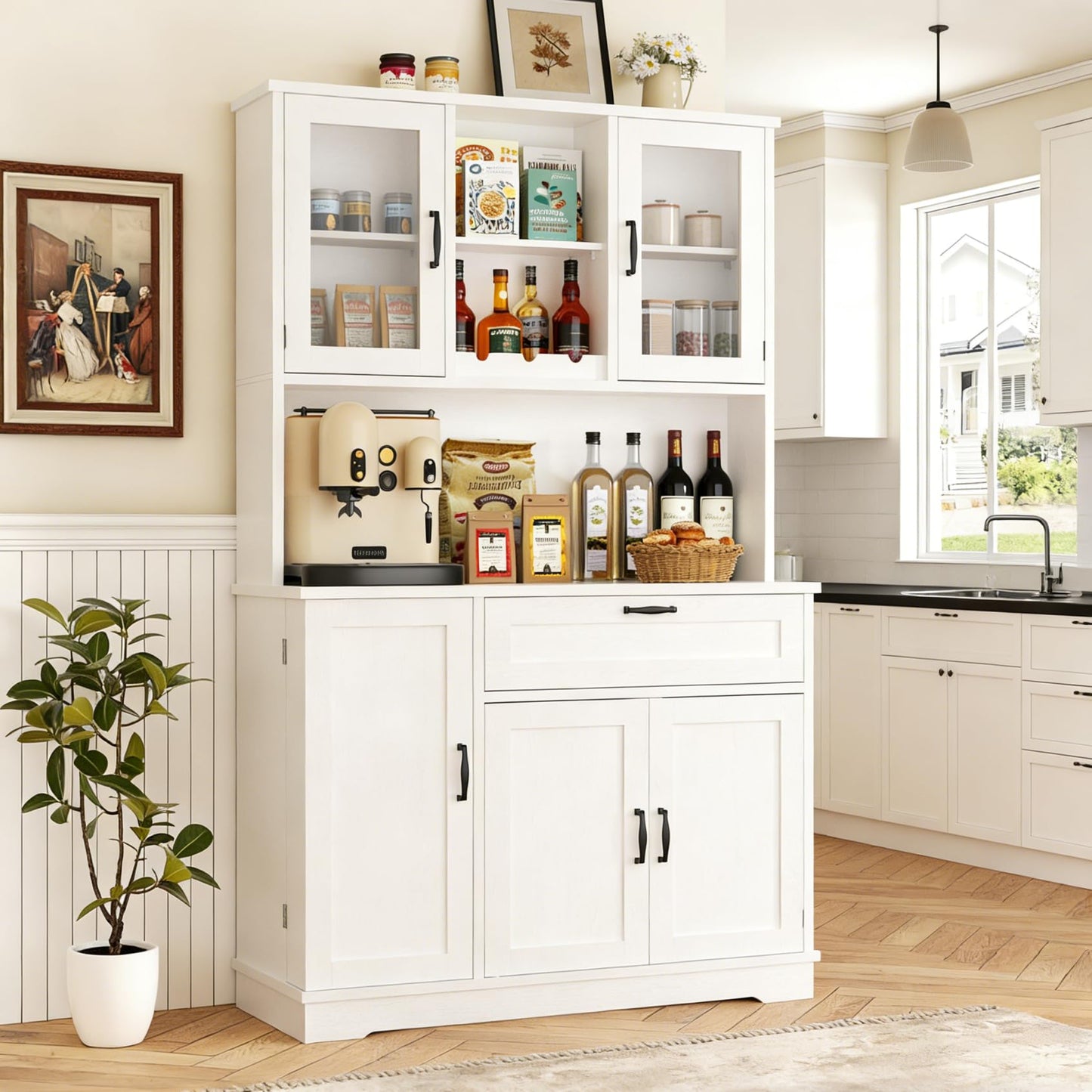 Vongrasig Kitchen Pantry Cabinet, Large Kitchen Hutch Formhouse Storage Cabinet with Microwave Stand, Tall Food Pantry for Dining Room, Living Room, White
