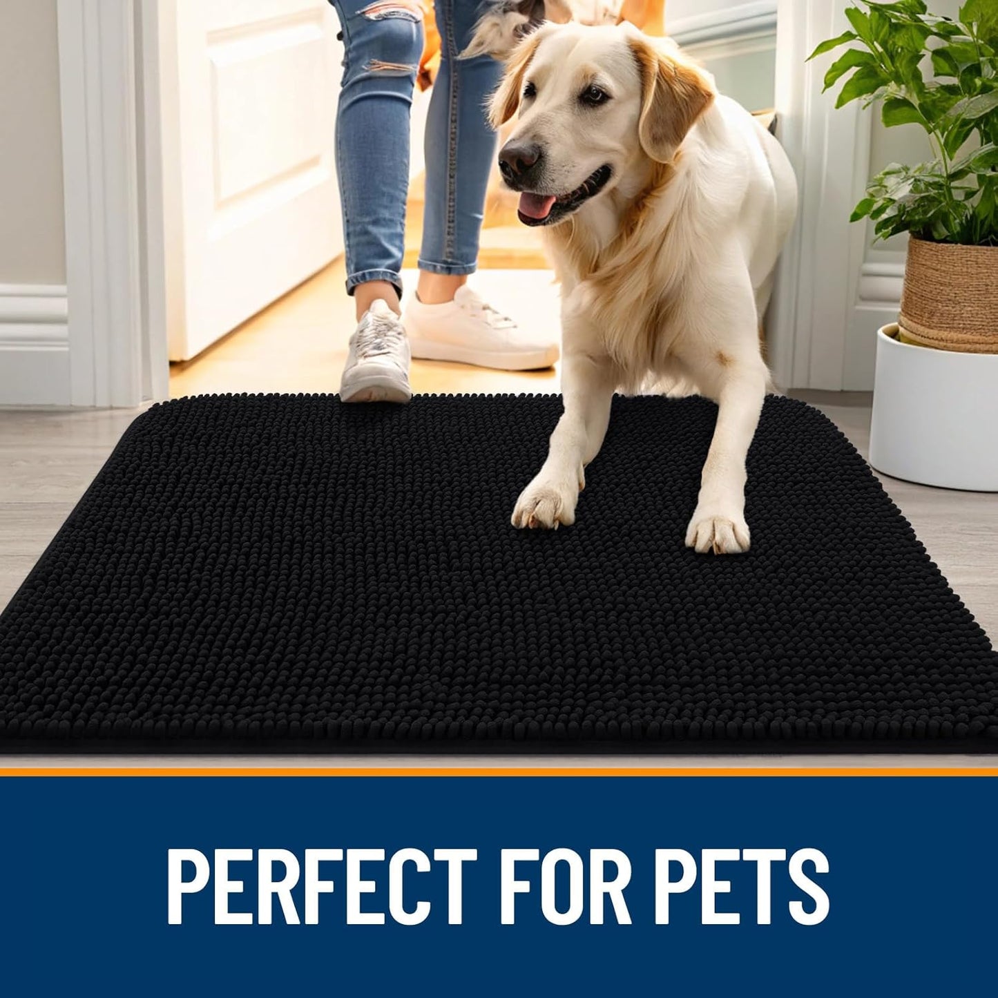 OLANLY Dog Door Mat - Absorbent Non-Slip Chenille for Muddy Paws | 36x24 Inches, Quick Dry, Black