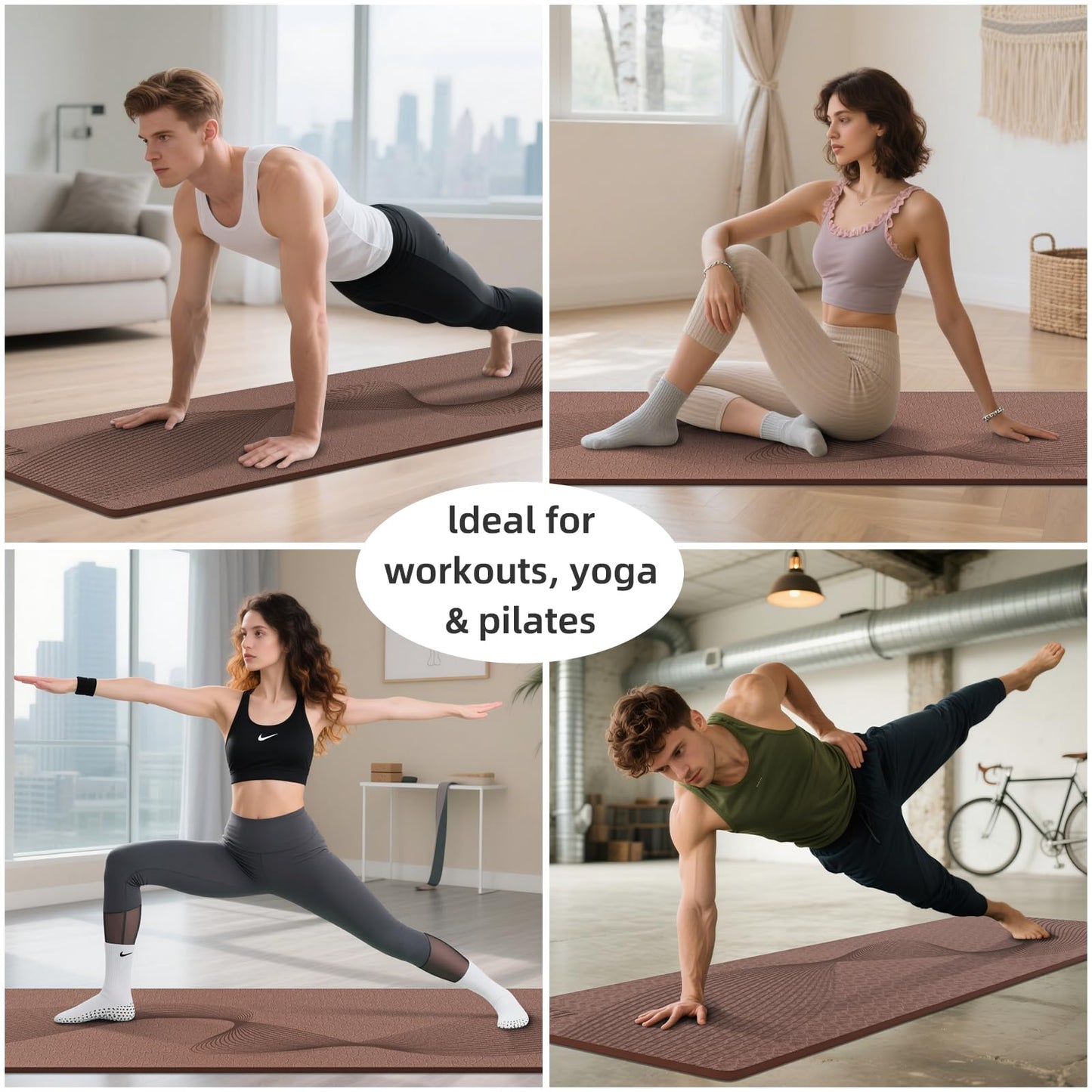 ILILI Yoga Mat, 72x25×0.3 Inch, TPE Exercise Mat, Odorless & Tear-Resistant, with Strap, Ideal for Yoga, Pilates, Home Workouts, Stretching & All Fitness Routines (brown)