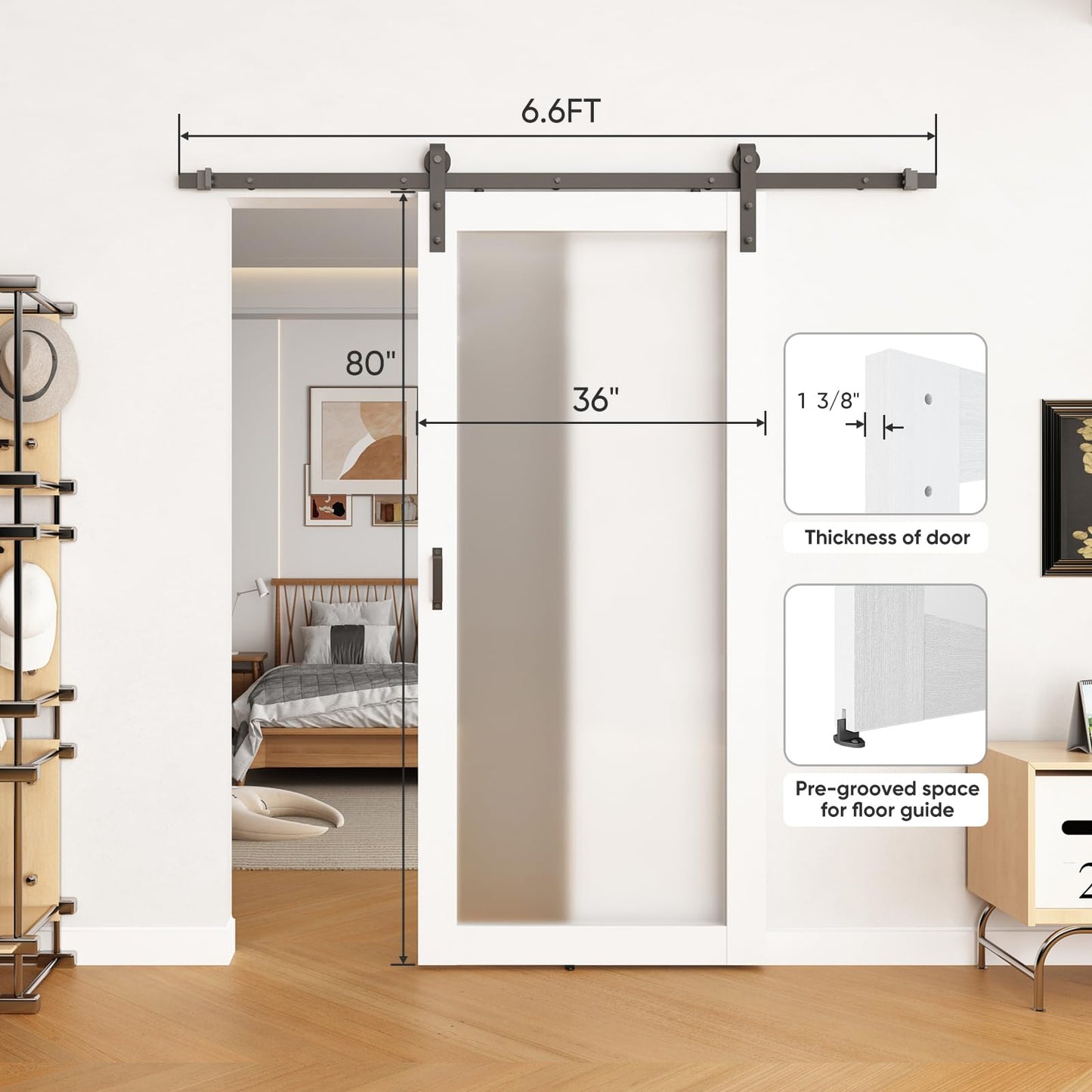 BARNSMITH 36in x 80in 1-Lite Frosted Glass White Barn Door with 6.6FT Sliding Door Hardware Kit Included, Tempered Glass Solid Wood Barn Door Water-Proof PVC Surface,No Assembly Required
