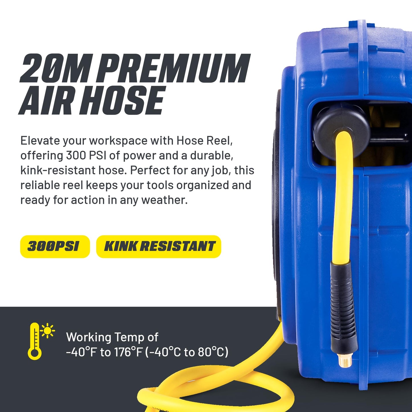 Goodyear Air Hose Reel Retractable 3/8" Inch x 65' Feet Premium Commercial Flex Hybrid Polymer Hose Max 300 Psi Heavy Duty Spring Driven Polypropylene Construction w/Lead-in Hose and PVC Handle