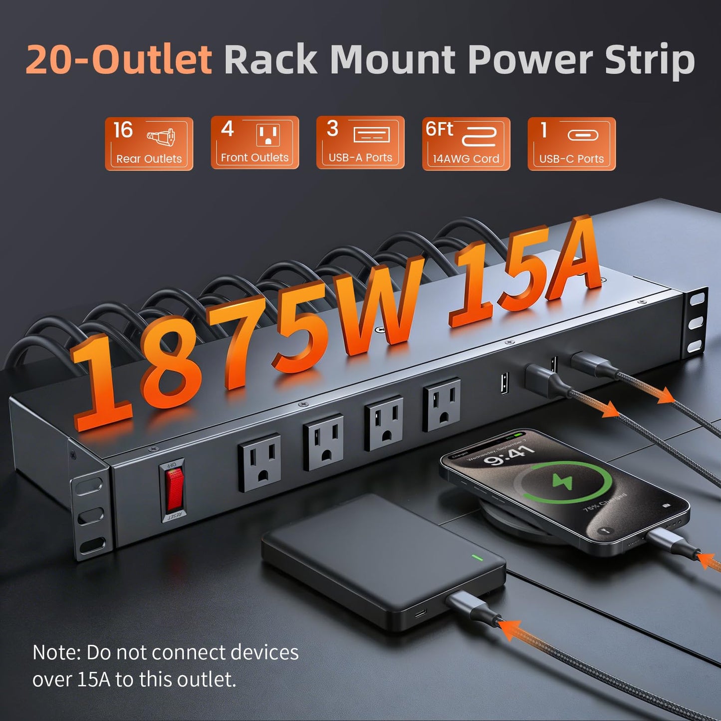 20-Outlet 1U Rack Mount PDU Power Strip – 3 USB-A & 1 USB-C Ports, Wide-Spaced Outlets, 6-Foot Cord, Built-in 15A Overload Switch for 19-Inch Server, AV & Network Racks