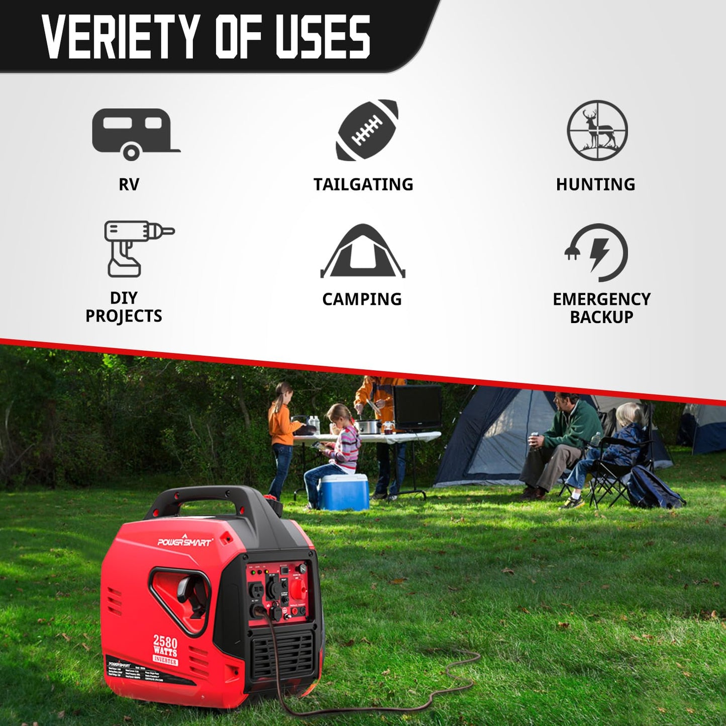 PowerSmart 2580W Portable Inverter Generator, Super Quiet Gas Powered Engine, 79cc 4-Stroke OHV, 120V AC & 12V DC Output, EPA Compliant for Outdoor Camping, Tailgating and Home Backup