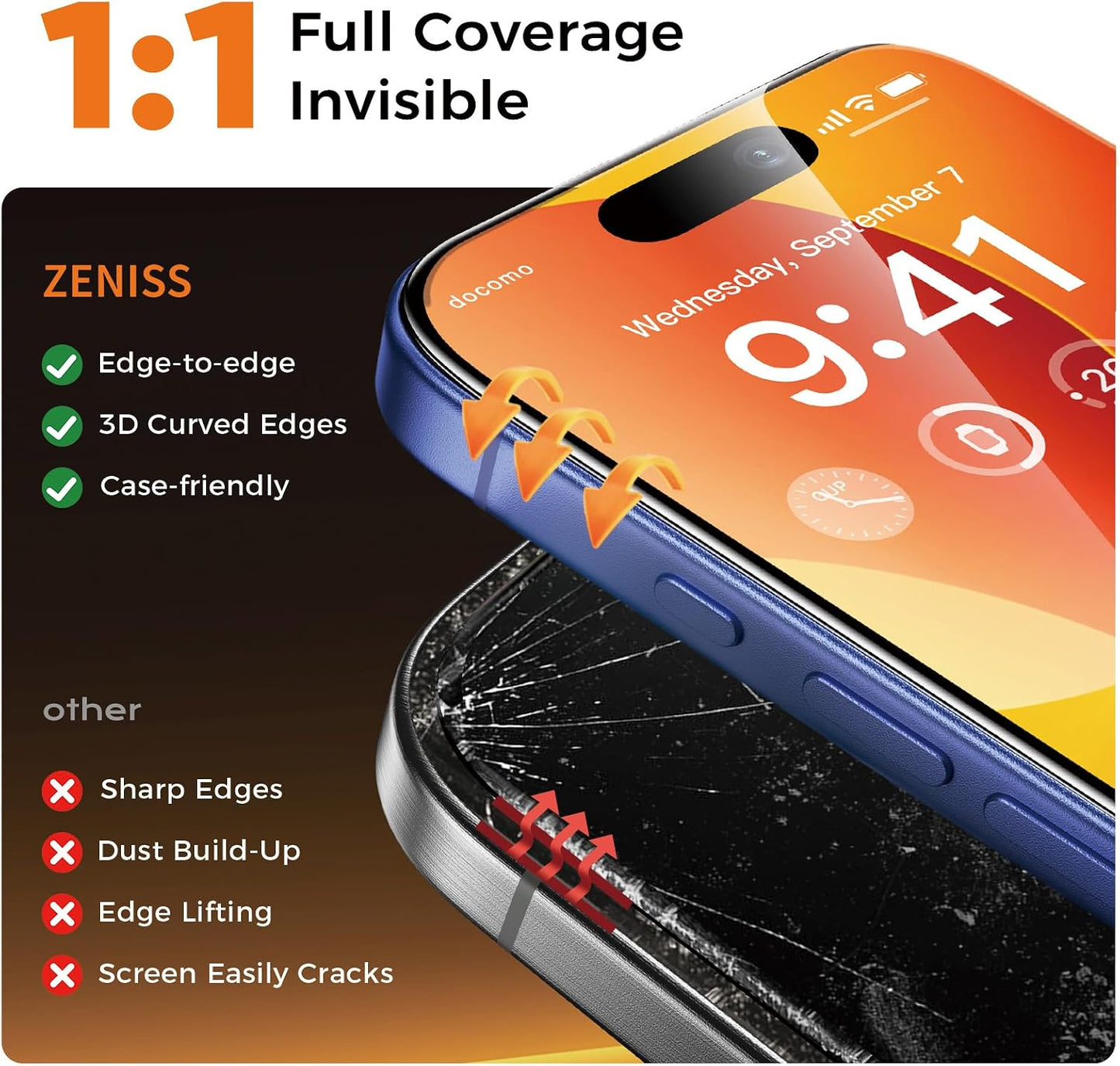 9H+ 16 12FT 6.7", 2 Pack Zeniss NeverBreak Hardness for iPhone Plus Screen Protector Military Grade Protection