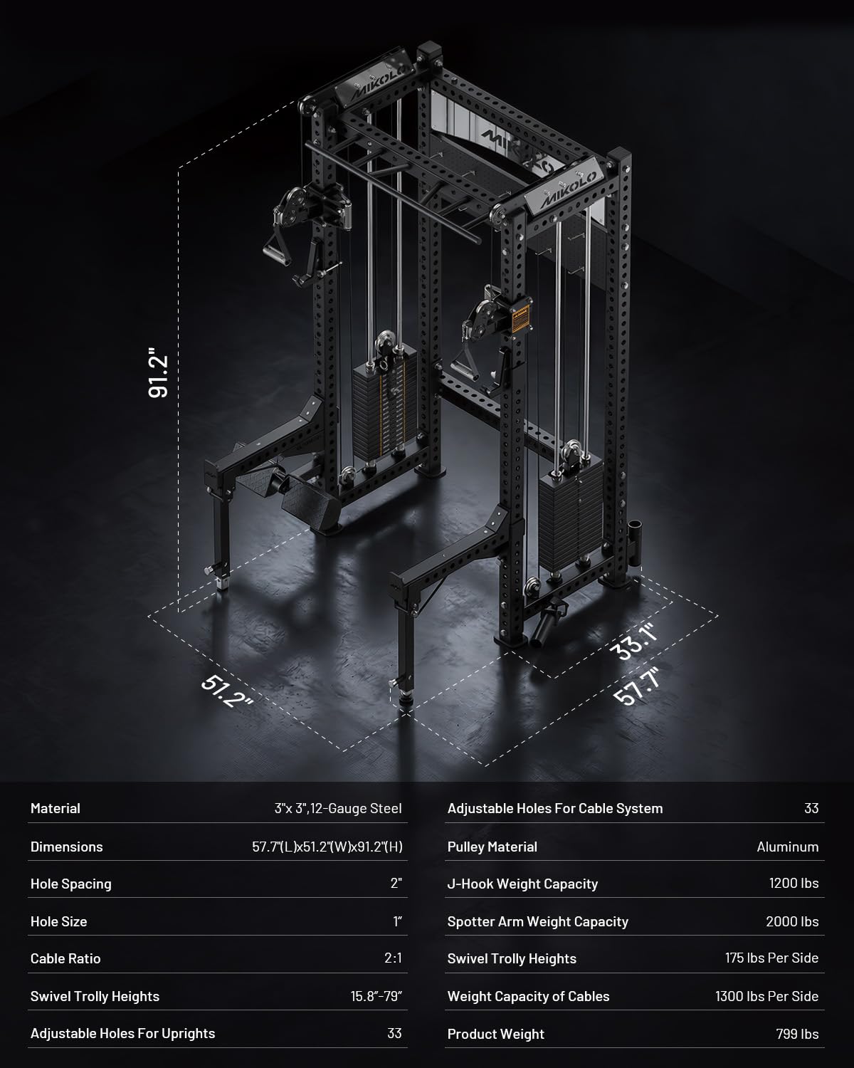 Mikolo Anubis-2.0 Smith Machine with Weight Stack, 3“×3” All-in-One Power Cage with LAT Pulldown & Cable Crossover, 3200LBS Multi-Function Trainer with Aluminum Pulley System for Fitness Home Gym