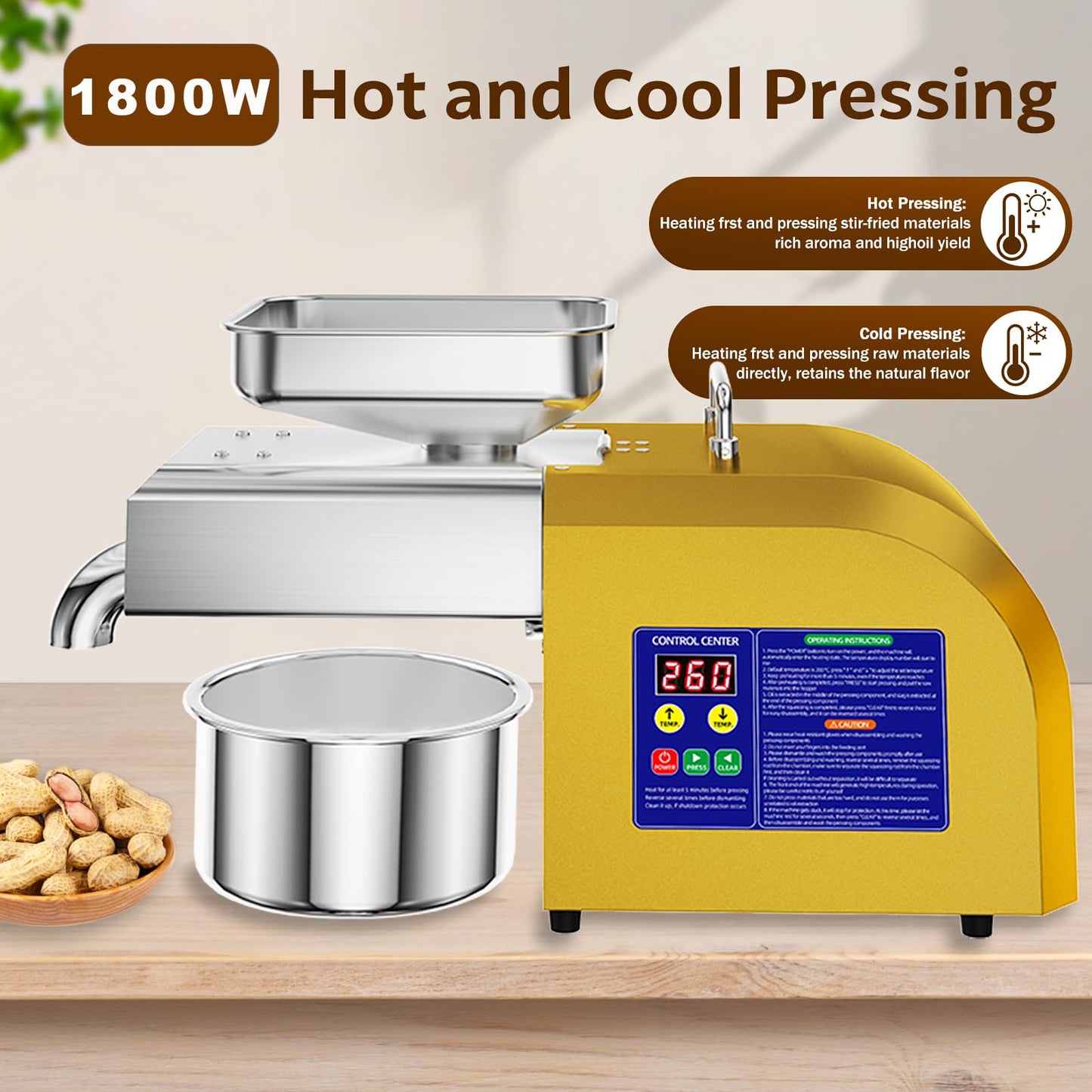 Rkazes Oil Press Machine, 1800W Automatic Electric Oil Maker for Home & Commercial, Stainless Steel Oil Extractor for Cold & Hot Press for Seed, Nut, Peanut, Olive Kernel, Sesame, Sunflower, Walnut