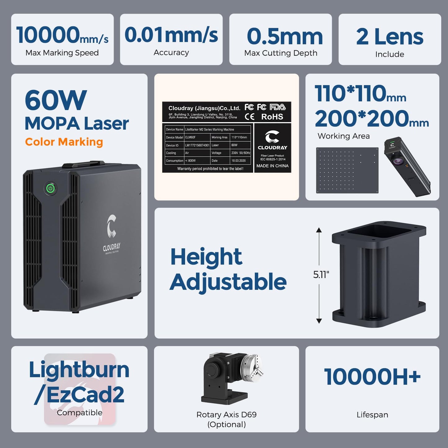 Cloudray 60W JPT MOPA Fiber Laser Engraver, Color Marking, Metal Engraving with 2 F-Theta Lenses, 110x110mm, Laser Engraving Machine, 60,000mW, Class 2, Model CLM60F