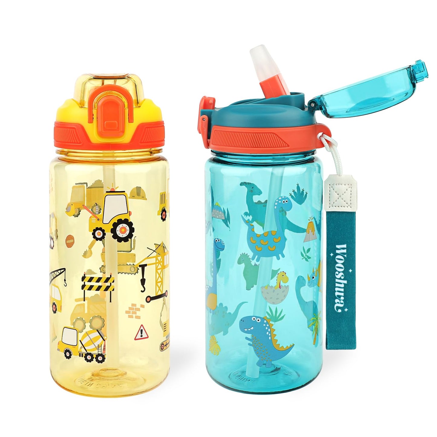 wooshwa Kids Water Bottle for School or Travel, 20 Oz 2 Pack Durable Plastic Water Bottle with Silicone Straw and Pop-Up Spout Cover, BPA Free & Dishwasher Safe(Excavator & Dinosaur)