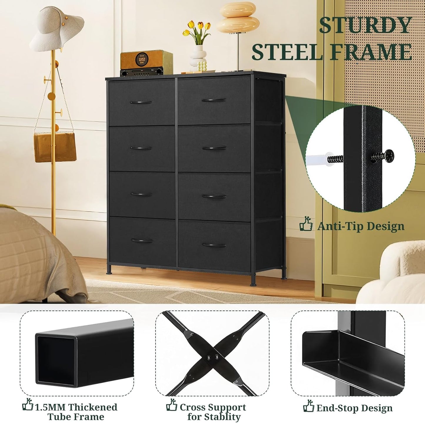 Regine Switzerland 8-Drawer Dresser - Anti-Tip Tall Storage Organizer with Wooden Top & Metal Frame | Black
