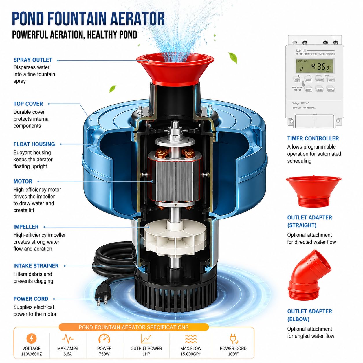 1HP 15000 GPH Pond Aerator Fountain Pump with Timer